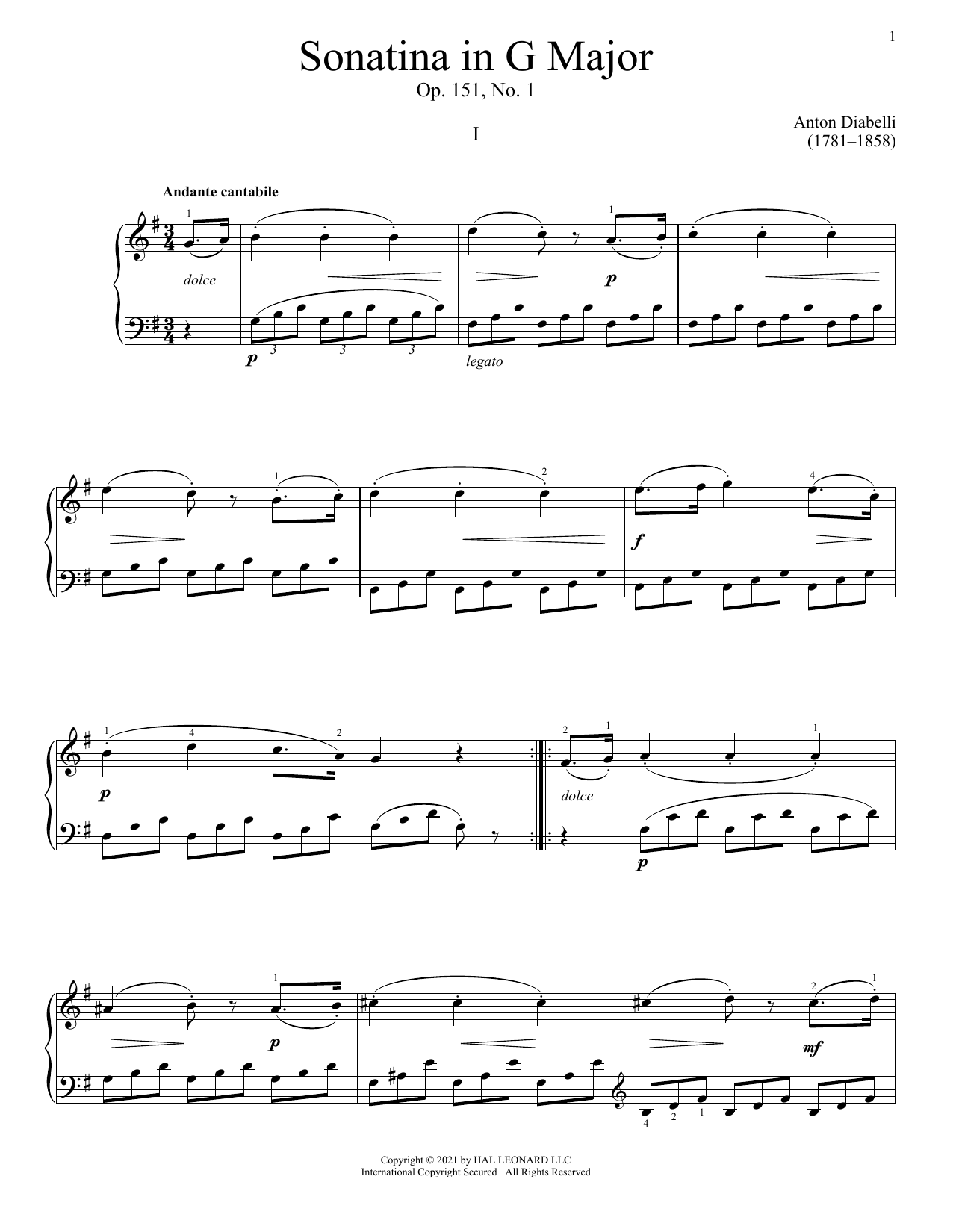 Anton Diabelli Sonatina In G Major, Op. 151, No. 1 Sheet Music Notes & Chords for Piano Solo - Download or Print PDF