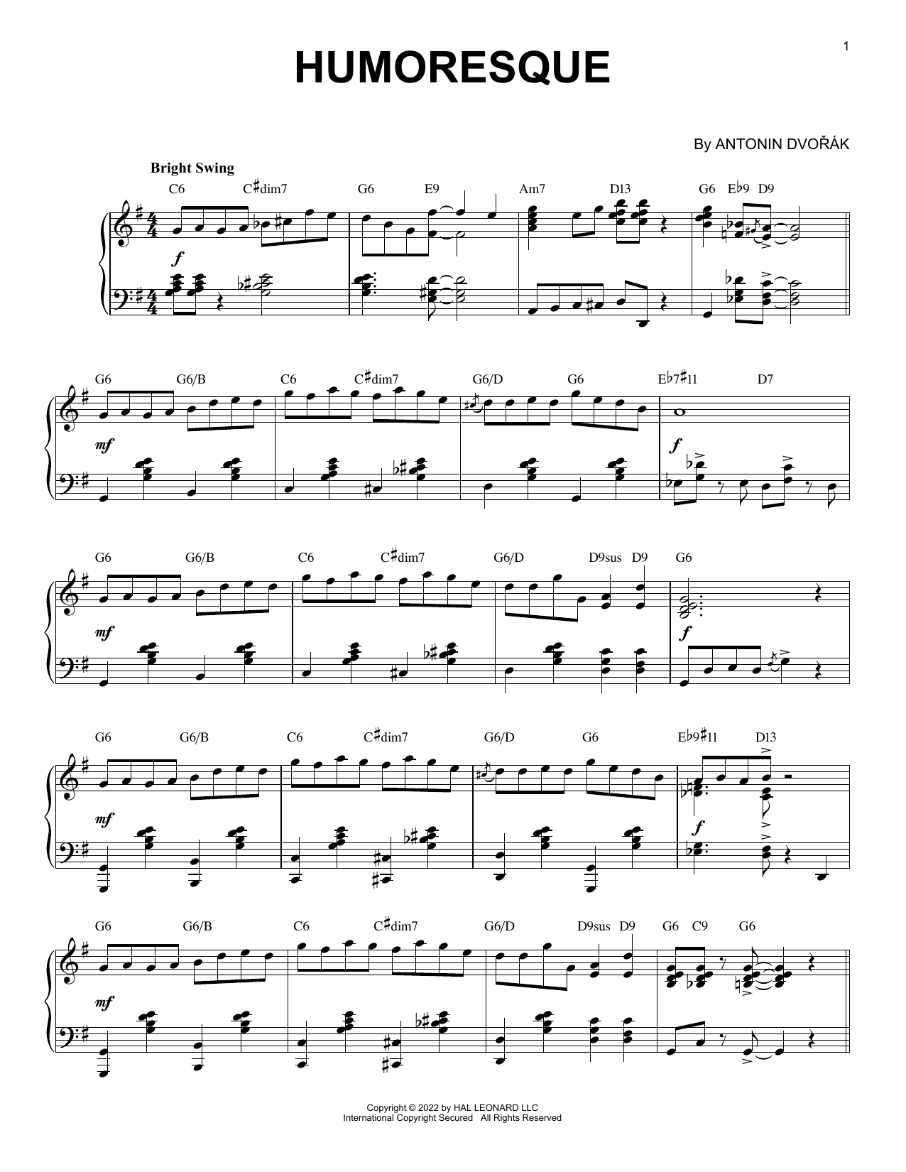 Anton Dvorak Humoresque [Jazz version] (arr. Brent Edstrom) Sheet Music Notes & Chords for Piano Solo - Download or Print PDF