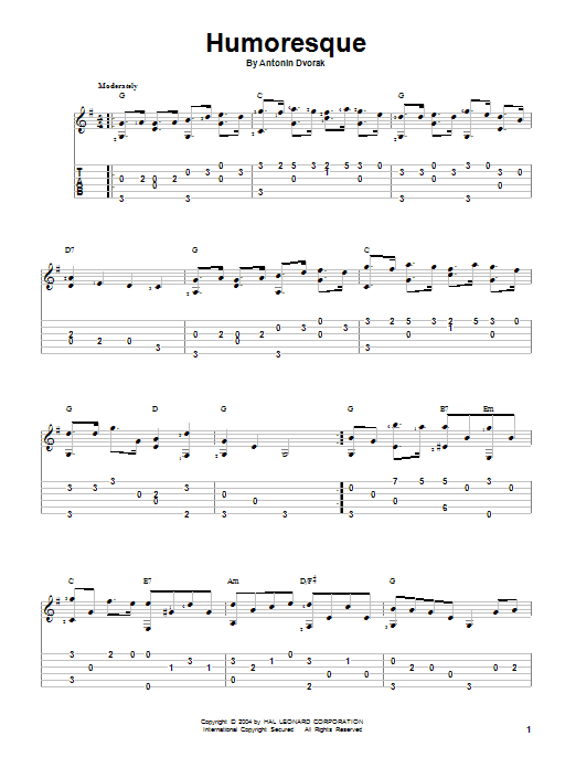 Anton DvorÁk Humoresque Sheet Music Notes & Chords for Easy Guitar Tab - Download or Print PDF