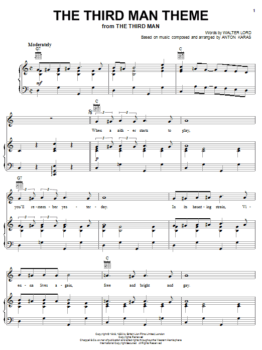 Anton Karas The Third Man Theme Sheet Music Notes & Chords for Piano, Vocal & Guitar (Right-Hand Melody) - Download or Print PDF