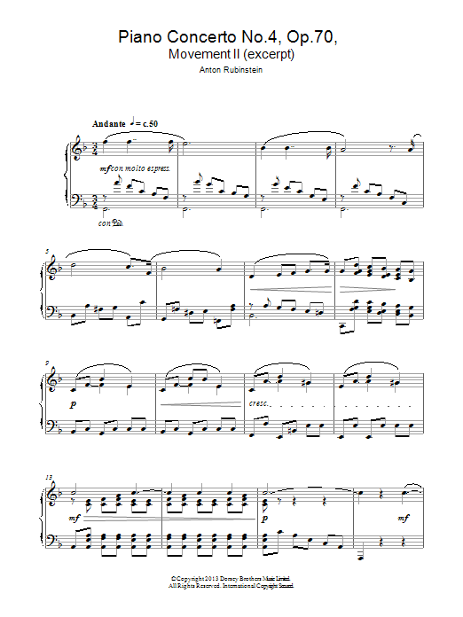 Anton Rubenstein Themes From 'Piano Concerto No.4 Op. 70 In D Minor' Sheet Music Notes & Chords for Piano - Download or Print PDF