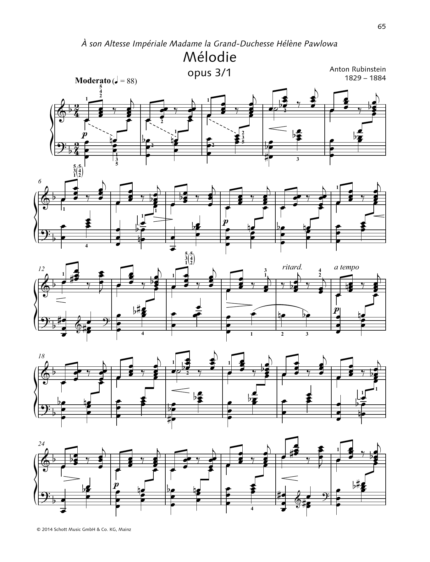 Anton Rubinstein Melodie Sheet Music Notes & Chords for Piano Solo - Download or Print PDF