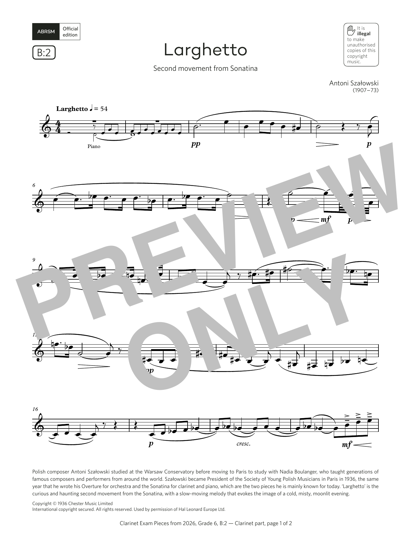 Antoni Szalowski Larghetto (Grade 6, list B2, from the ABRSM Clarinet Syllabus from 2026) Sheet Music Notes & Chords for Clarinet Solo - Download or Print PDF Antoni Szalowski Larghetto (Grade 6, list B2, from the ABRSM Clarinet Syllabus from 2026) Sheet Music Notes & Chords for Clarinet Solo - Download or Print PDF