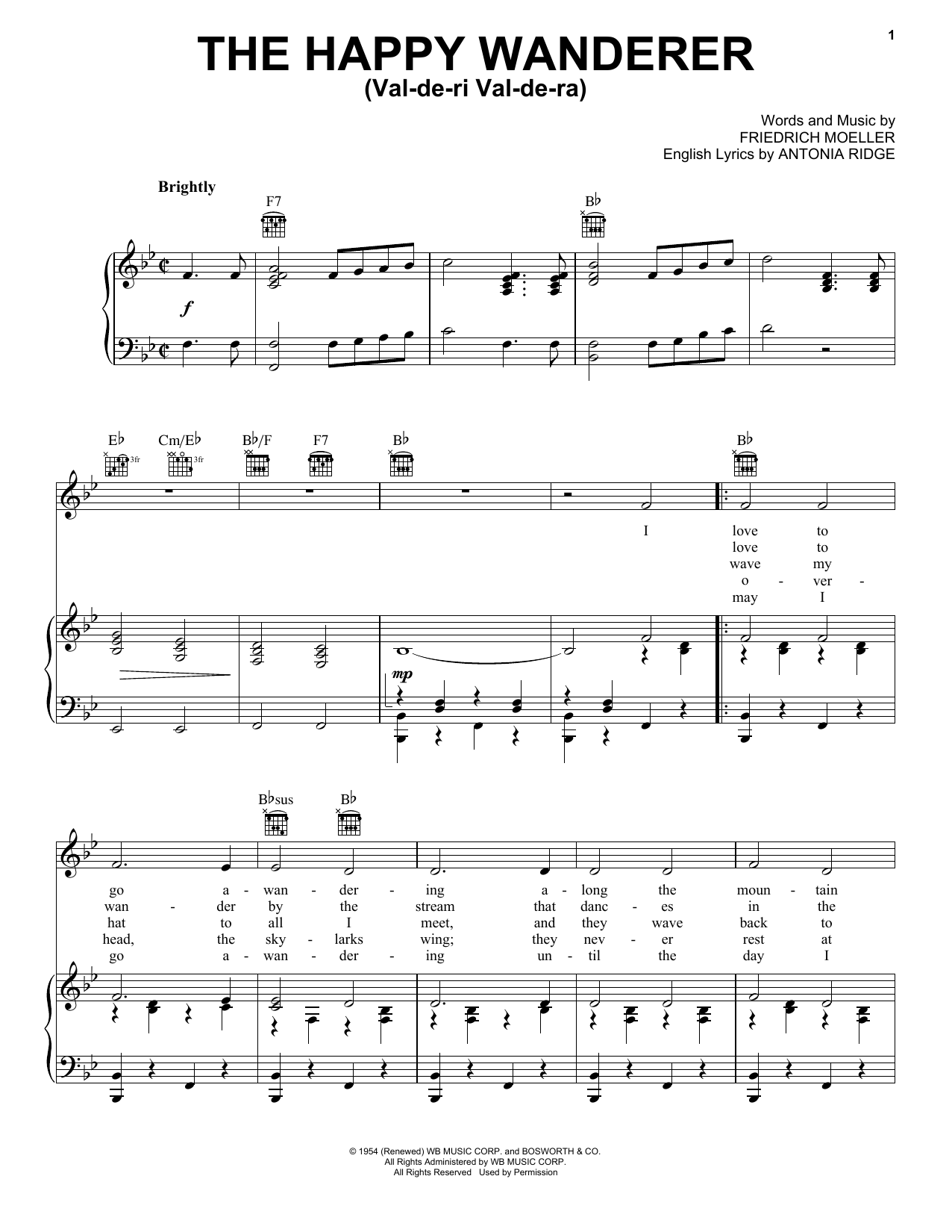 Antonia Ridge The Happy Wanderer (Val-de-ri Val-de-ra) Sheet Music Notes & Chords for Piano, Vocal & Guitar (Right-Hand Melody) - Download or Print PDF