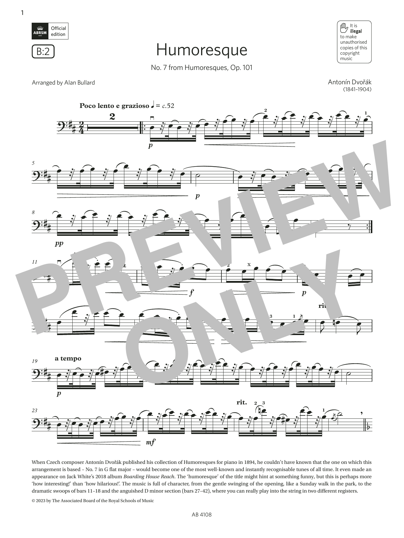 Antonín Dvořák Humoresque (Grade 5, B2, from the ABRSM Cello Syllabus from 2024) Sheet Music Notes & Chords for Cello Solo - Download or Print PDF