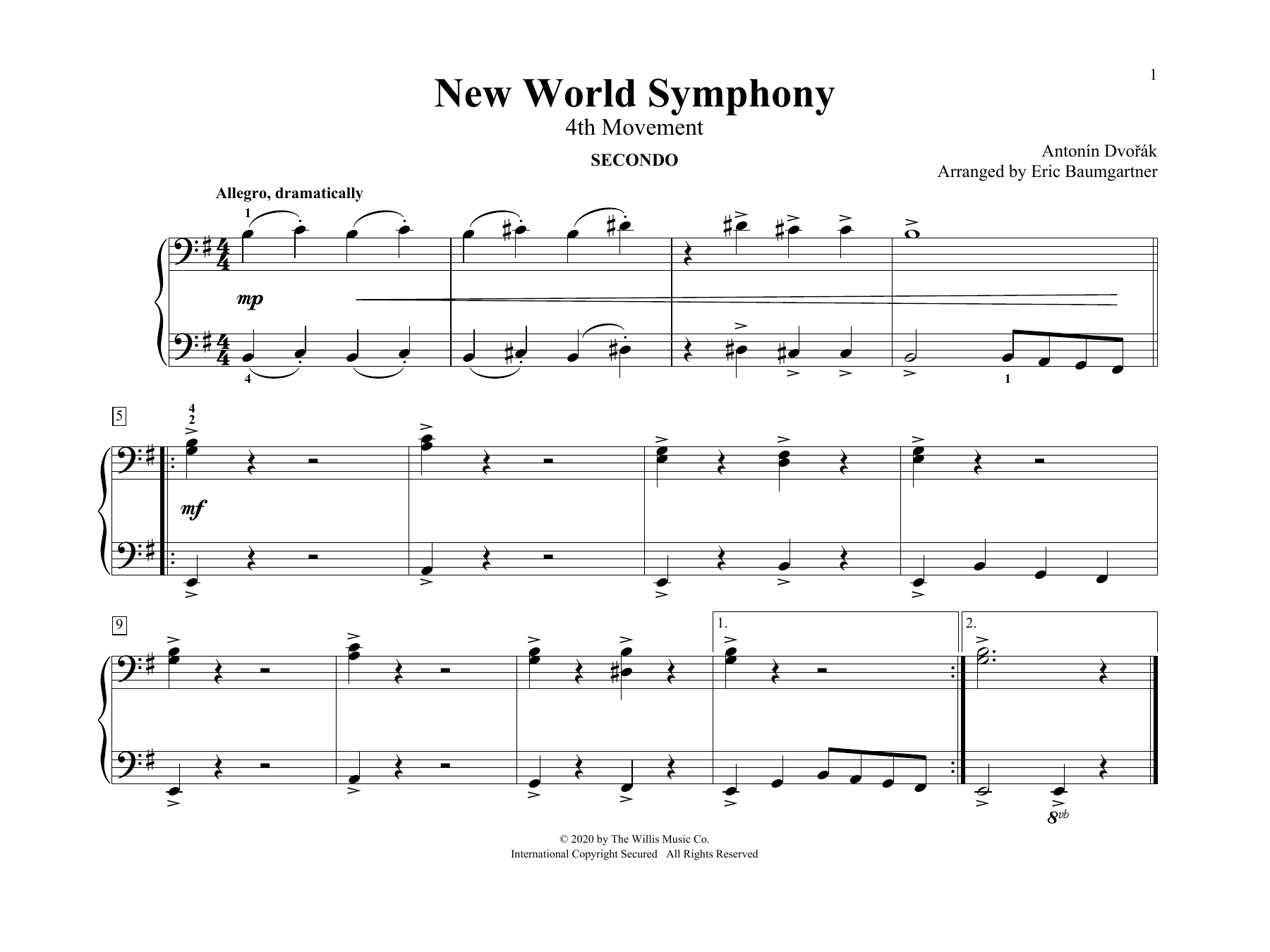 Antonín Dvoøák New World Symphony (4th Movement) (arr. Eric Baumgartner) Sheet Music Notes & Chords for Piano Duet - Download or Print PDF