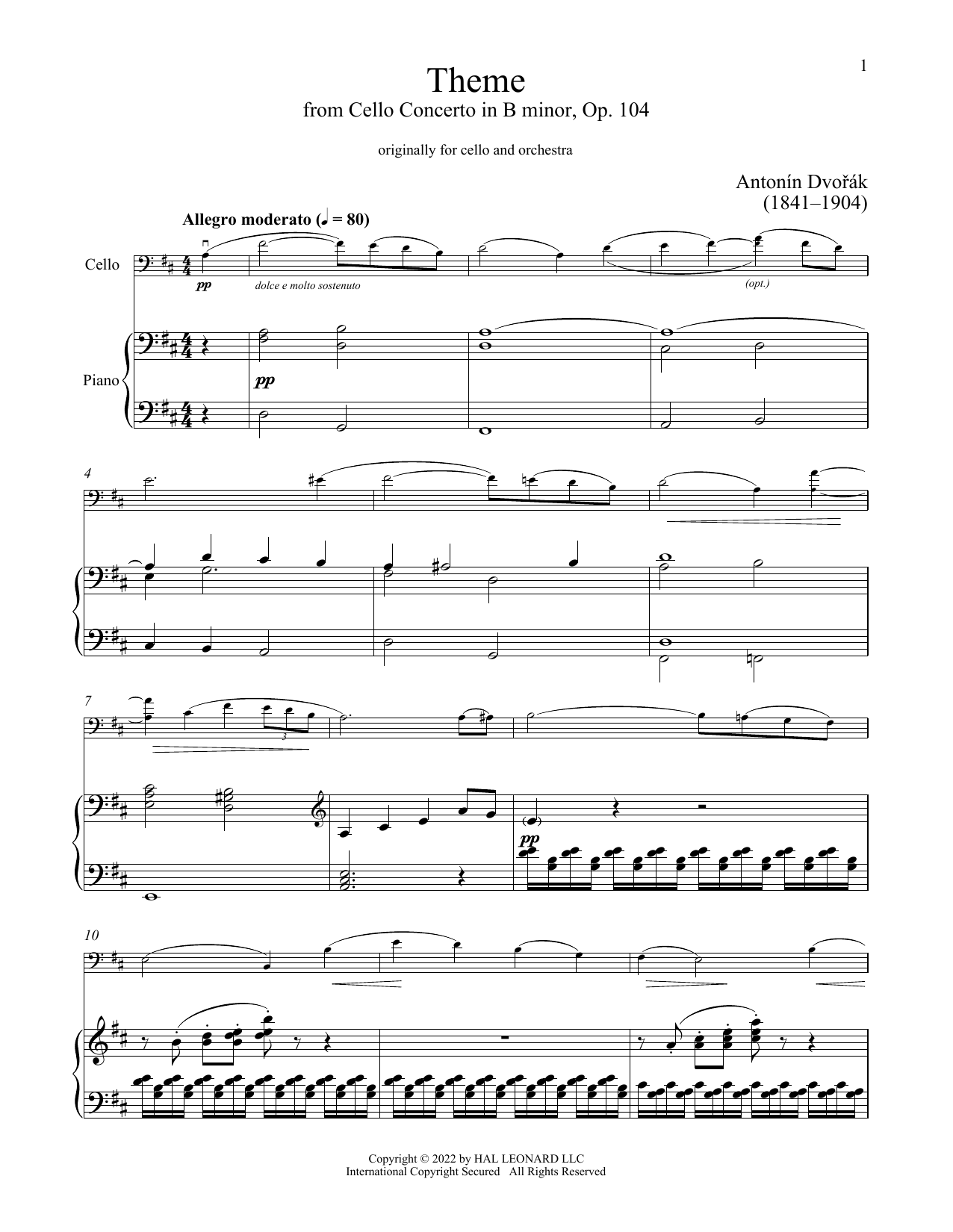 Antonin Dvorak Cello Concerto In B Minor, Op. 104 Sheet Music Notes & Chords for Easy Piano - Download or Print PDF