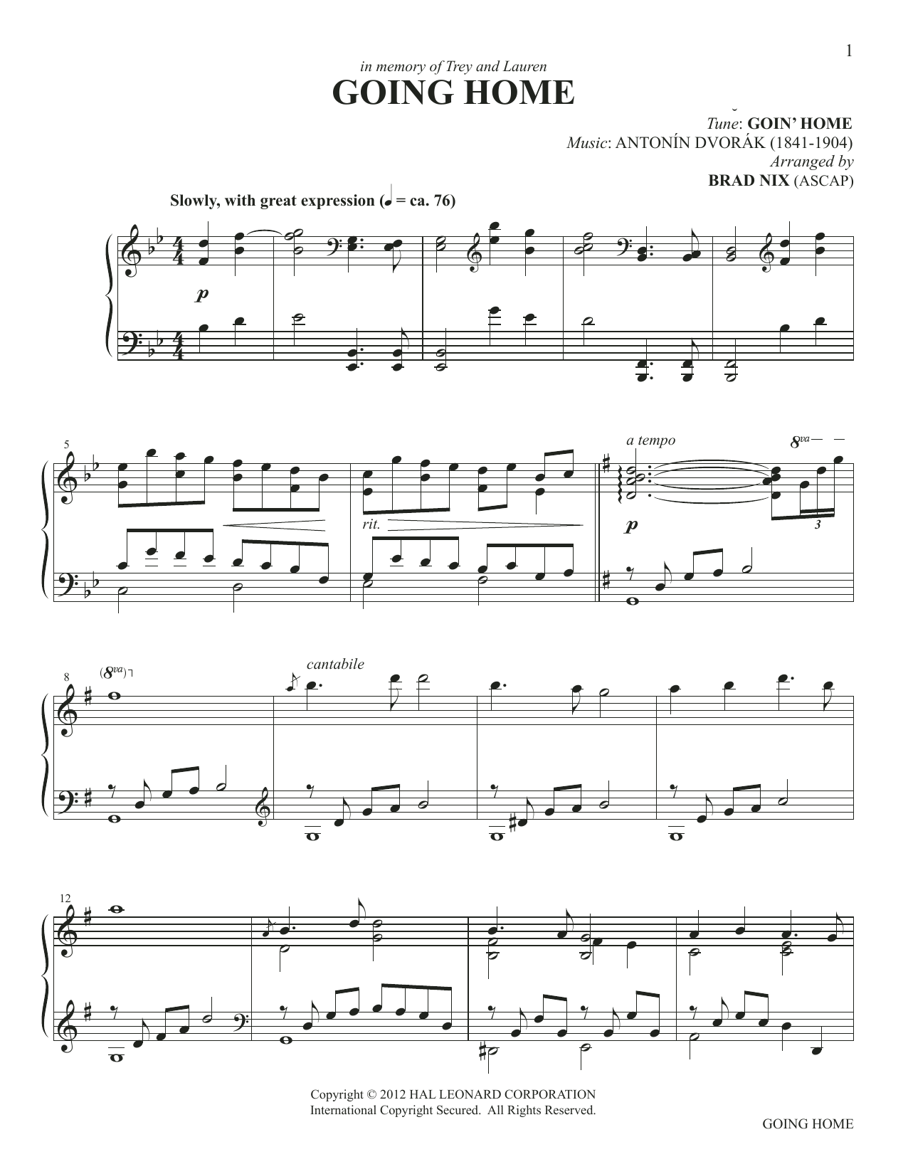 Antonin Dvorak Going Home (arr. Brad Nix) Sheet Music Notes & Chords for Piano Solo - Download or Print PDF