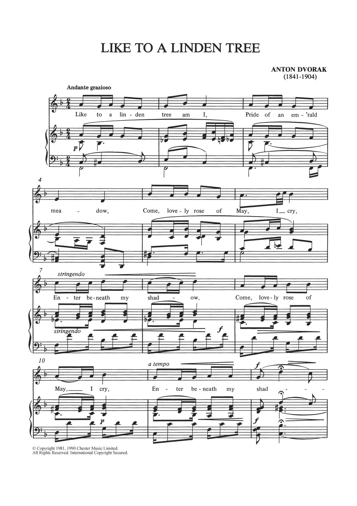 Antonín Dvorák Like To A Linden Tree Sheet Music Notes & Chords for Piano & Vocal - Download or Print PDF