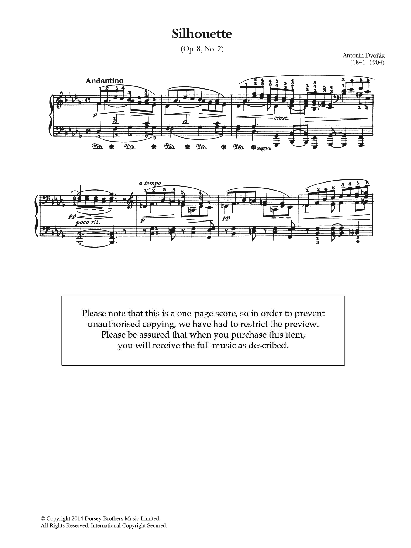 Antonín Dvorák Silhouette, Op.8 No.2 Sheet Music Notes & Chords for Piano - Download or Print PDF