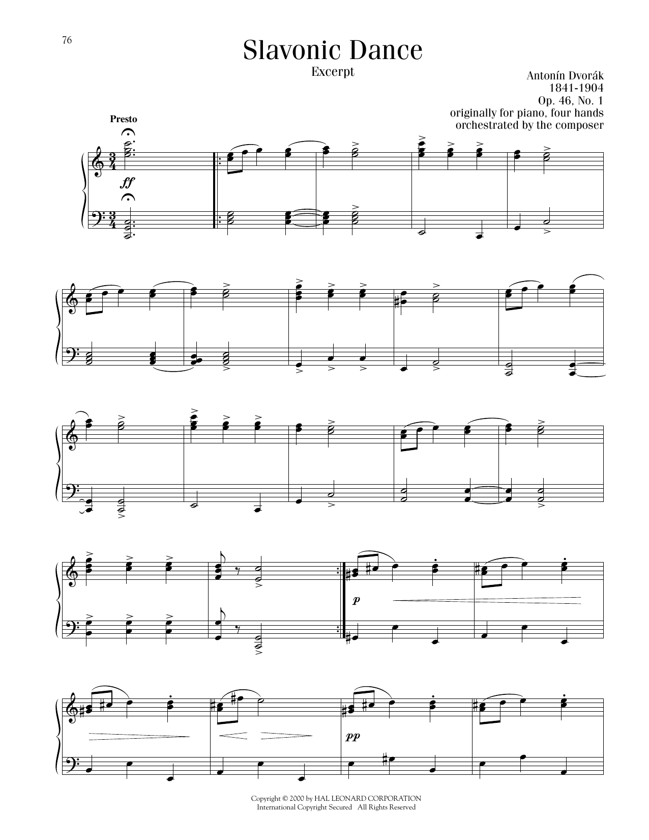 Antonin Dvorak Slavonic Dance #1 Sheet Music Notes & Chords for Piano Solo - Download or Print PDF