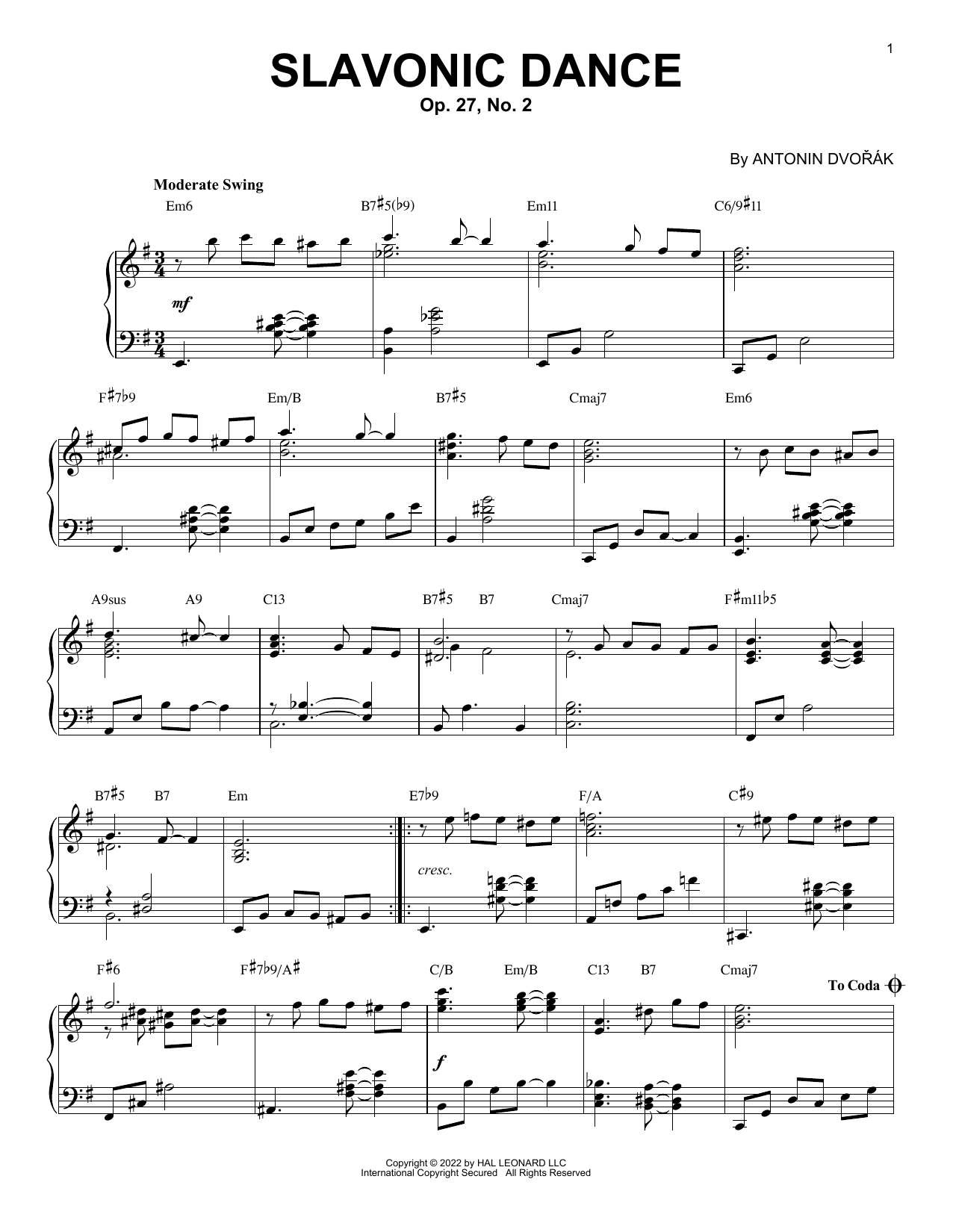 Antonin Dvorak Slavonic Dance #2 [Jazz version] (arr. Brent Edstrom) Sheet Music Notes & Chords for Piano Solo - Download or Print PDF