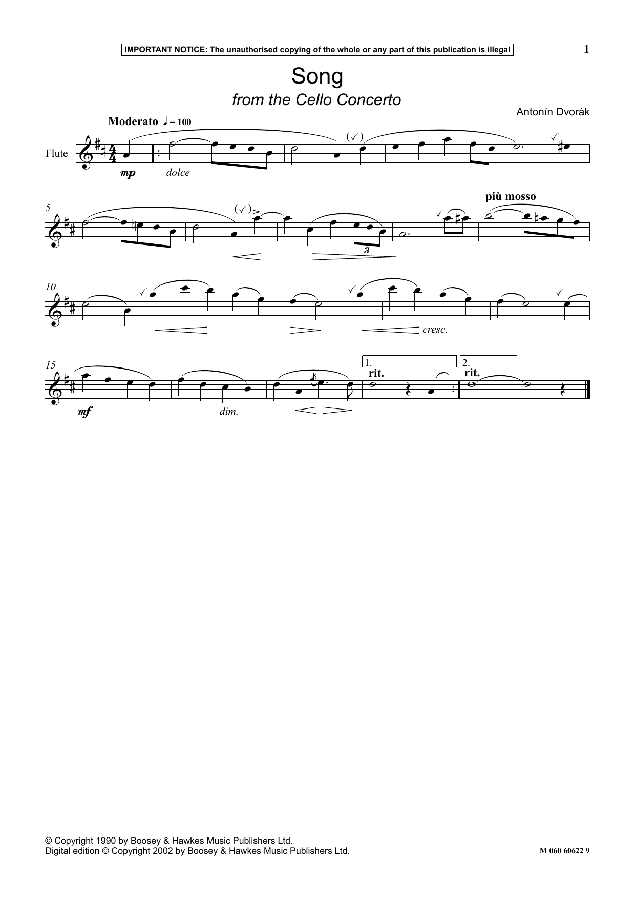 Antonín Dvorák Song (from The Cello Concerto) Sheet Music Notes & Chords for Instrumental Solo - Download or Print PDF