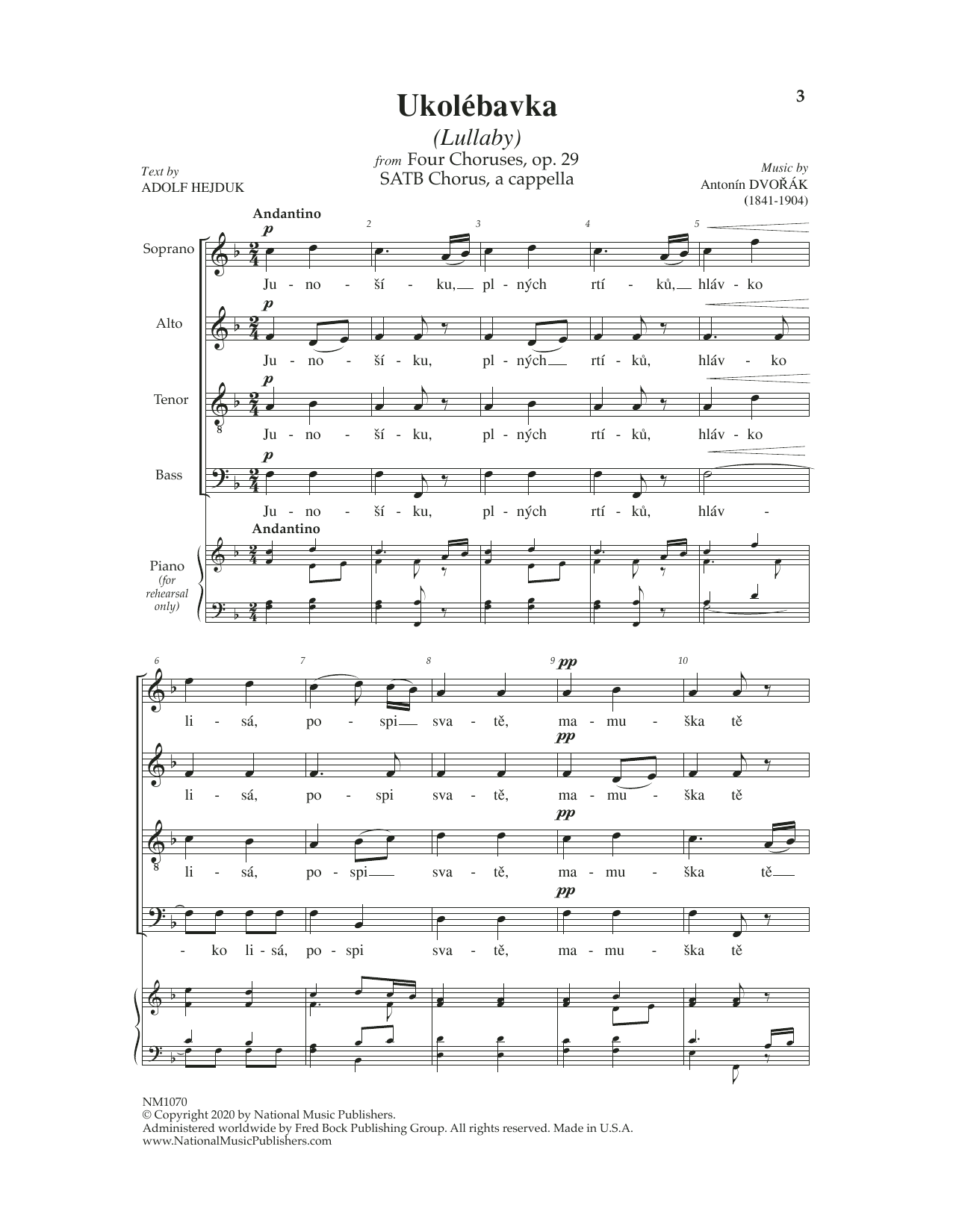 Antonin Dvorák Ukolebavka (Lullaby) Sheet Music Notes & Chords for SATB Choir - Download or Print PDF