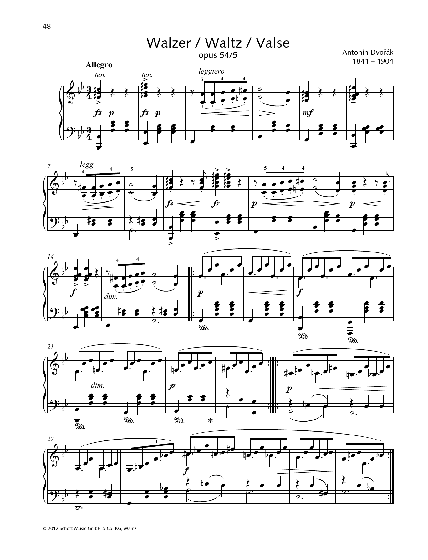 Antonín Dvorák Waltz Sheet Music Notes & Chords for Piano Solo - Download or Print PDF