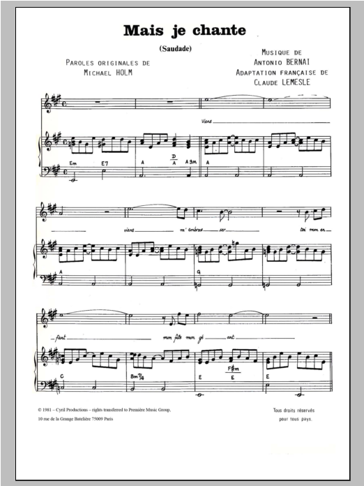 Antonio Bernai Mais Je Chante (Saudade) Sheet Music Notes & Chords for Piano & Vocal - Download or Print PDF