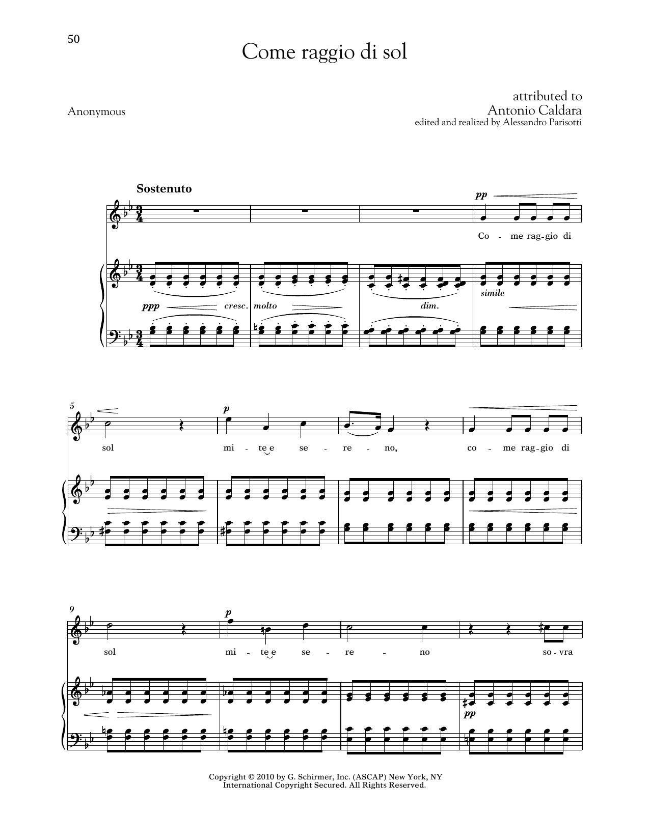 Antonio Caldara Come Raggio Di Sol (High Voice) Sheet Music Notes & Chords for Piano & Vocal - Download or Print PDF