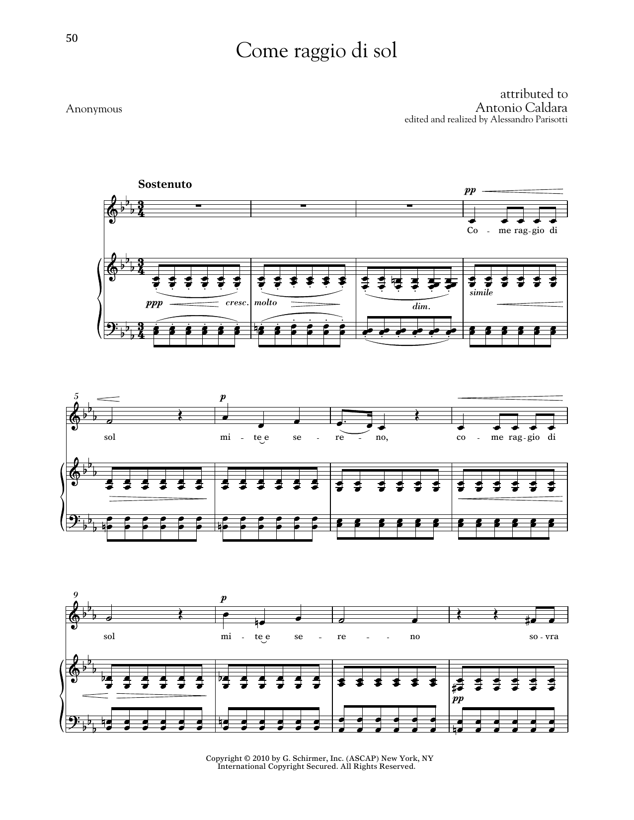 Antonio Caldara Come Raggio Di Sol (Low Voice) Sheet Music Notes & Chords for Piano & Vocal - Download or Print PDF