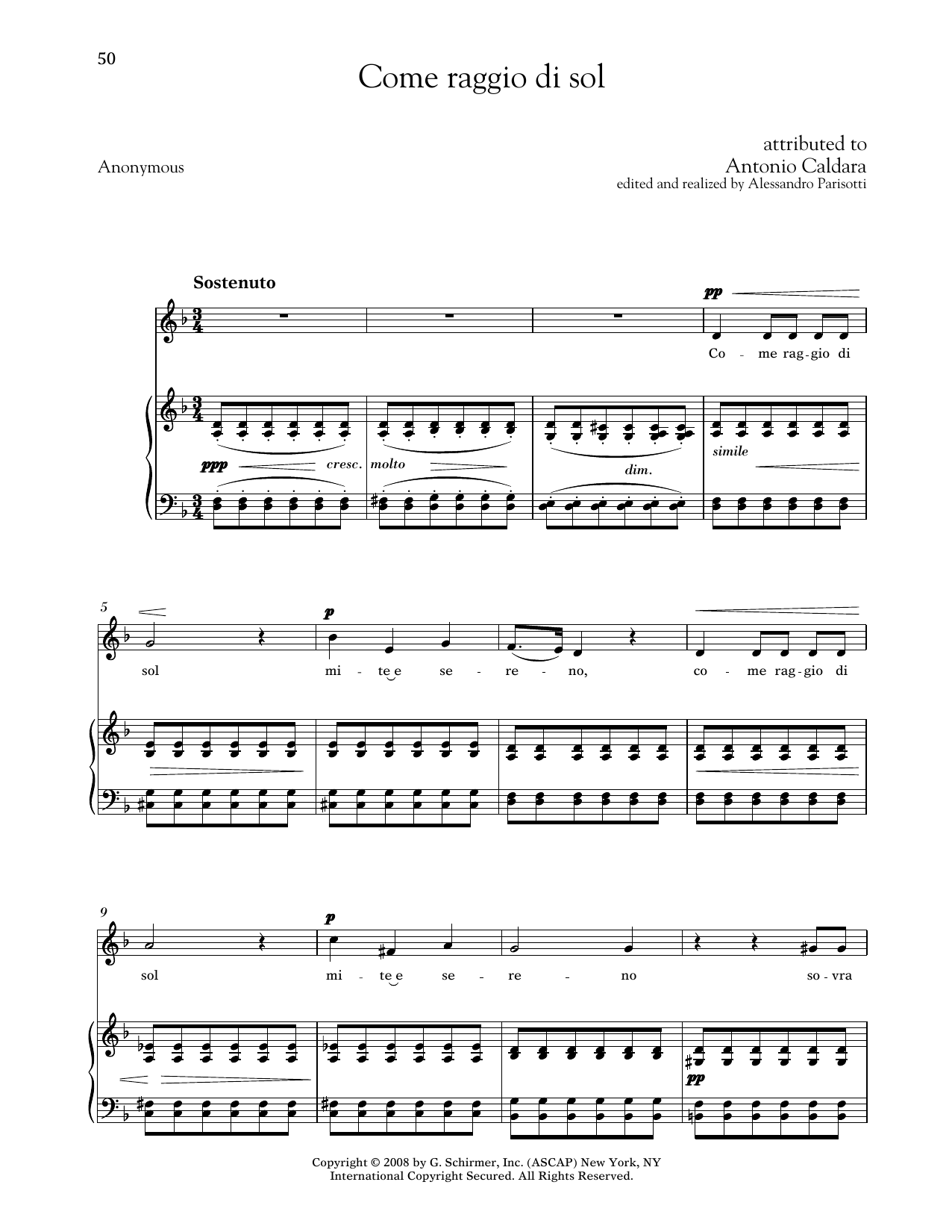 Antonio Caldara Come Raggio Di Sol (Medium Low Voice) Sheet Music Notes & Chords for Piano & Vocal - Download or Print PDF Antonio Caldara Come Raggio Di Sol (Medium Low Voice) Sheet Music Notes & Chords for Piano & Vocal - Download or Print PDF