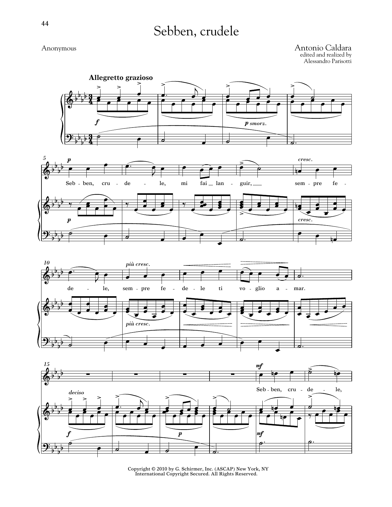 Antonio Caldara Sebben, Crudele (High Voice) Sheet Music Notes & Chords for Piano & Vocal - Download or Print PDF