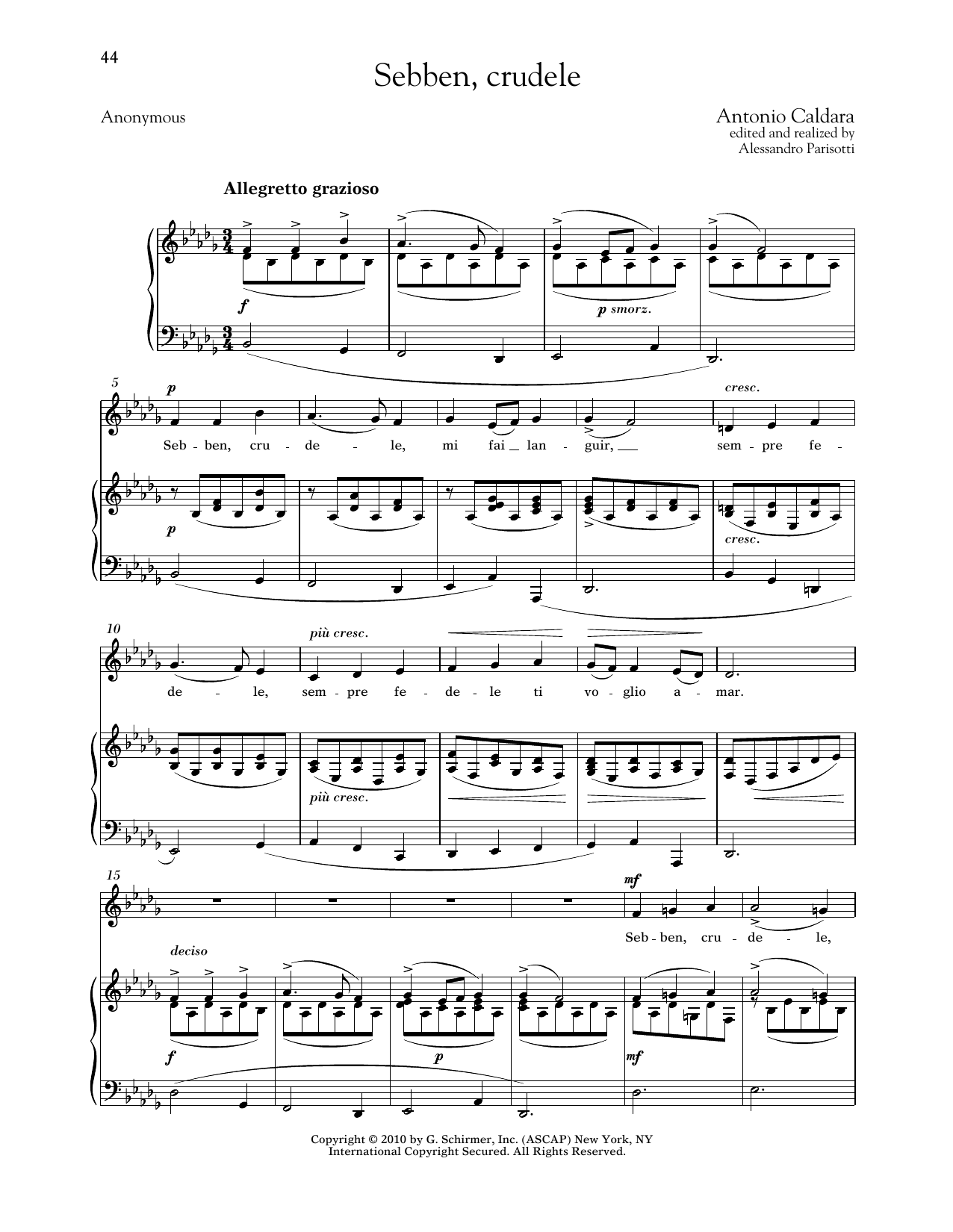 Antonio Caldara Sebben, Crudele (Low Voice) Sheet Music Notes & Chords for Piano & Vocal - Download or Print PDF