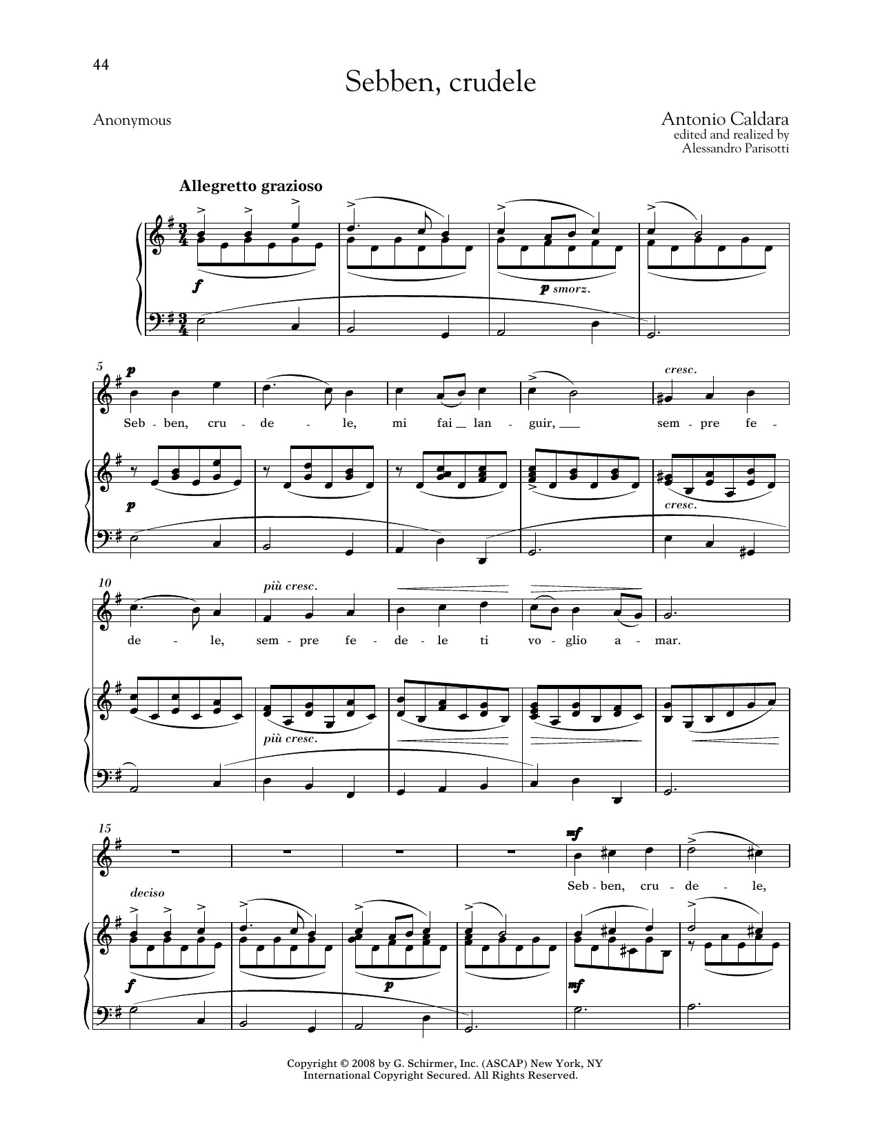 Antonio Caldara Sebben, Crudele (Medium High Voice) Sheet Music Notes & Chords for Piano & Vocal - Download or Print PDF