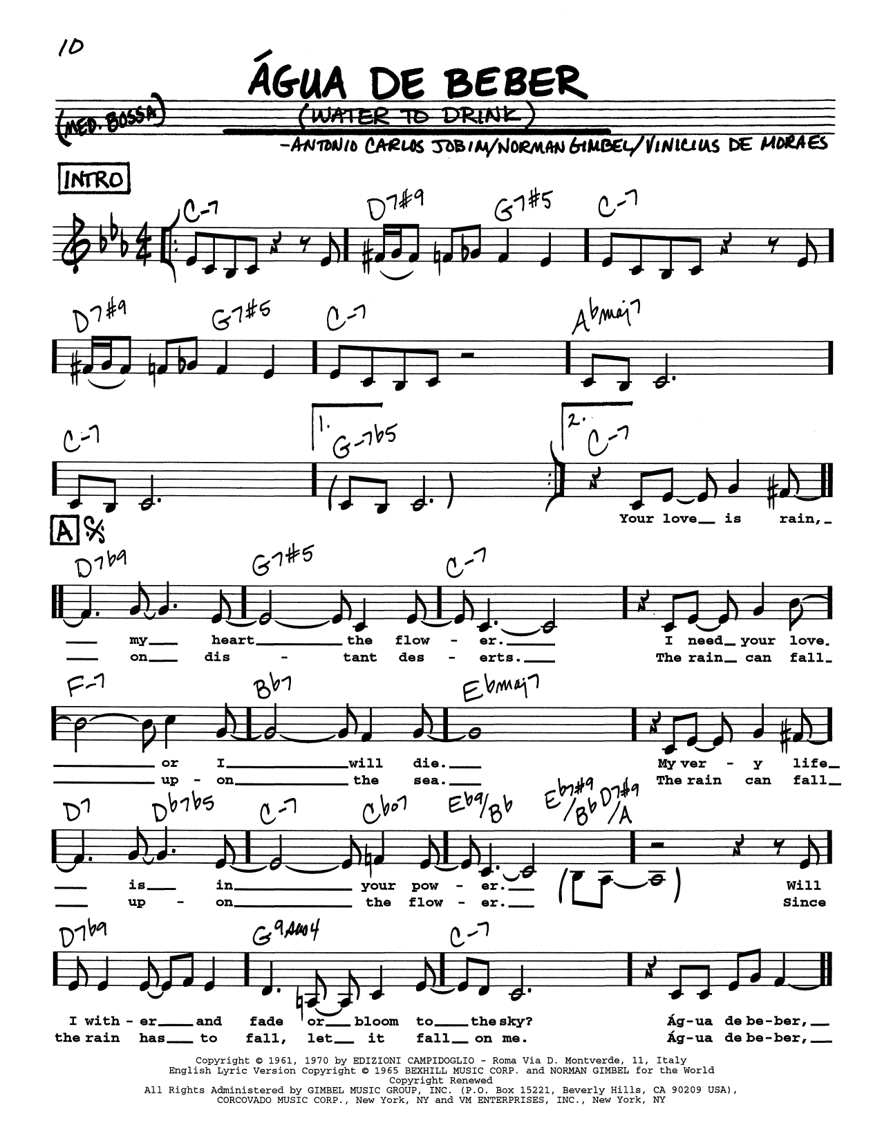 Antonio Carlos Jobim Água De Beber (Water To Drink) (Low Voice) Sheet Music Notes & Chords for Real Book – Melody, Lyrics & Chords - Download or Print PDF