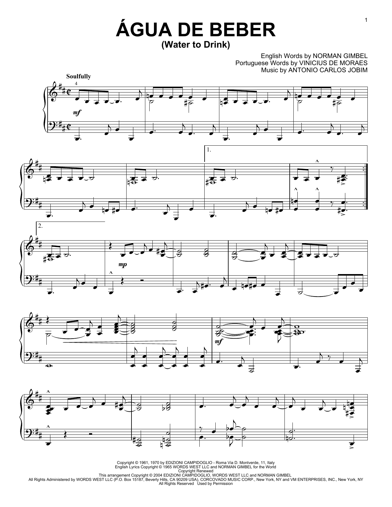 Antonio Carlos Jobim Agua De Beber (Water To Drink) Sheet Music Notes & Chords for Lyrics & Chords - Download or Print PDF