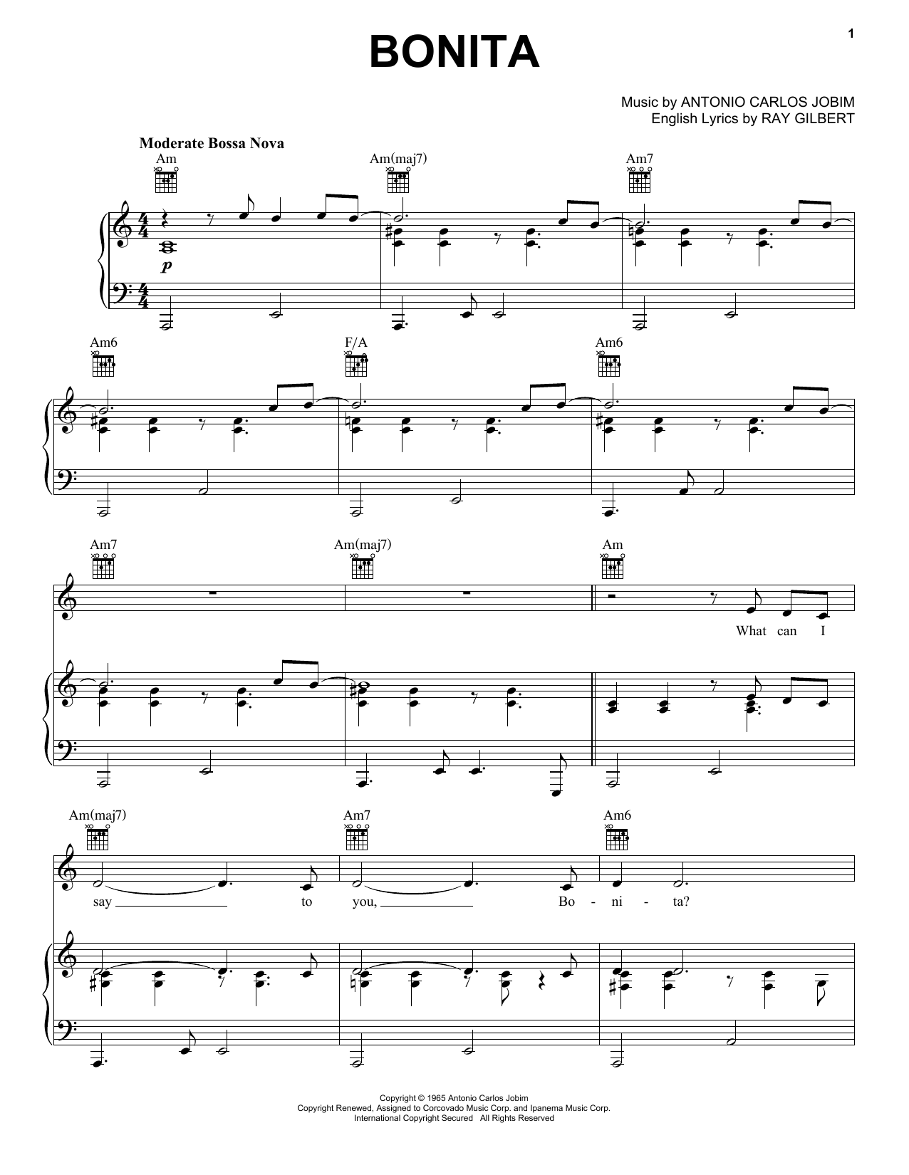 Antonio Carlos Jobim Bonita Sheet Music Notes & Chords for Piano, Vocal & Guitar (Right-Hand Melody) - Download or Print PDF