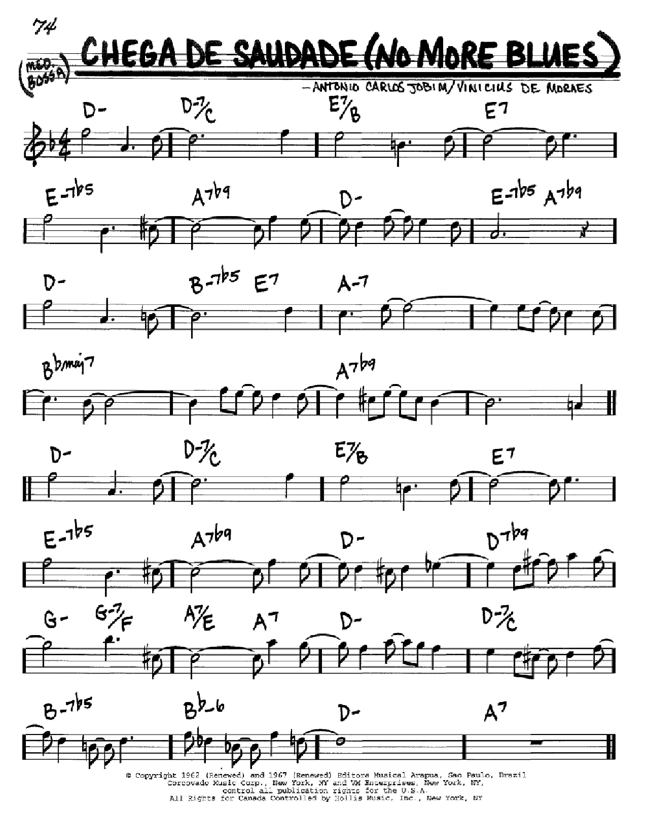Antonio Carlos Jobim Chega De Saudade (No More Blues) Sheet Music Notes & Chords for Real Book - Melody & Chords - Bass Clef Instruments - Download or Print PDF