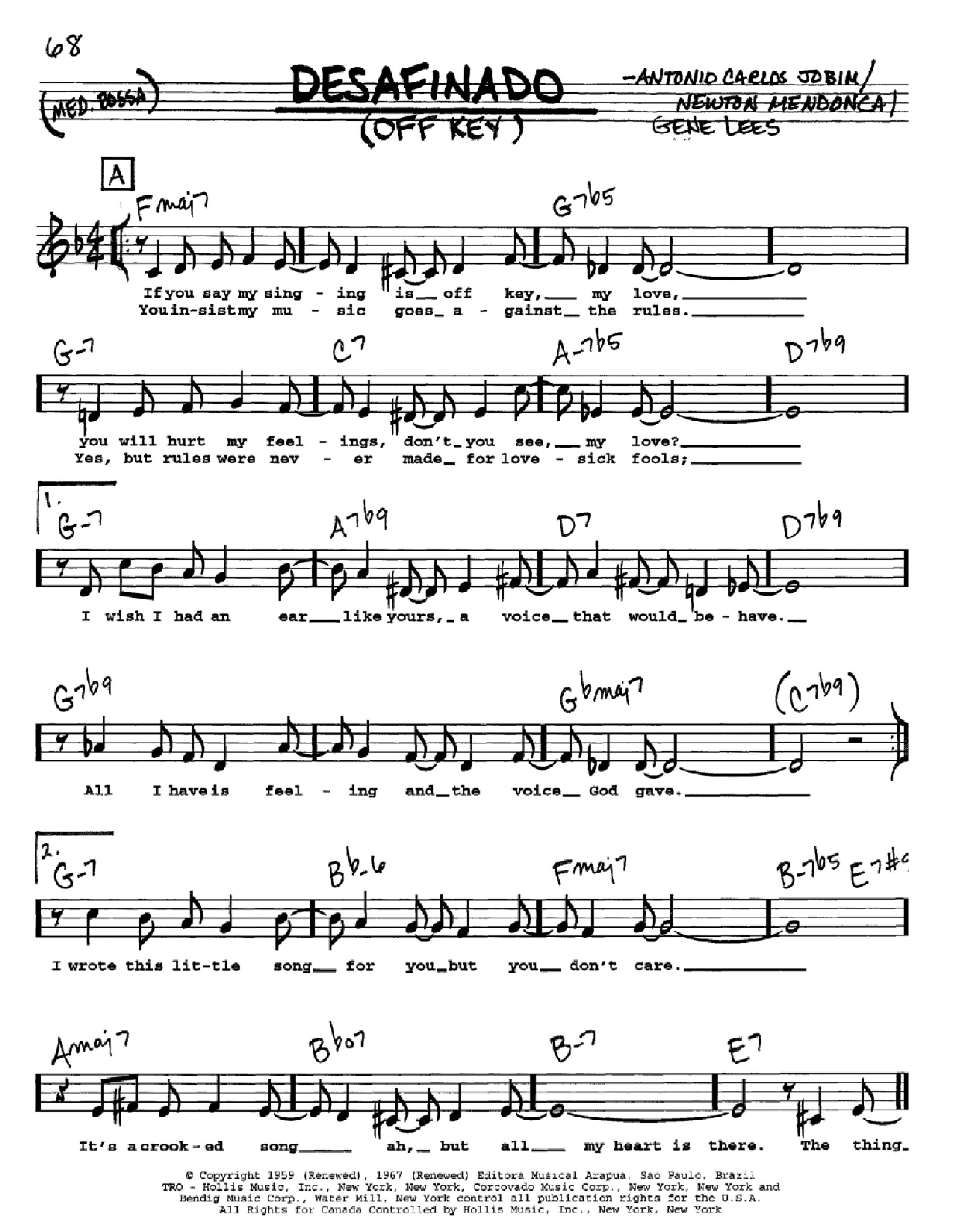 Antonio Carlos Jobim Desafinado (Off Key) Sheet Music Notes & Chords for Real Book - Melody, Lyrics & Chords - C Instruments - Download or Print PDF