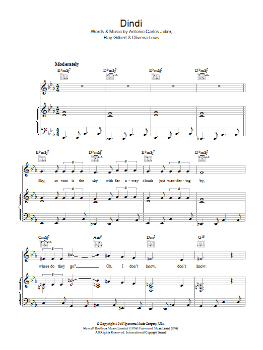Antonio Carlos Jobim Dindi Sheet Music Notes & Chords for Piano, Vocal & Guitar (Right-Hand Melody) - Download or Print PDF