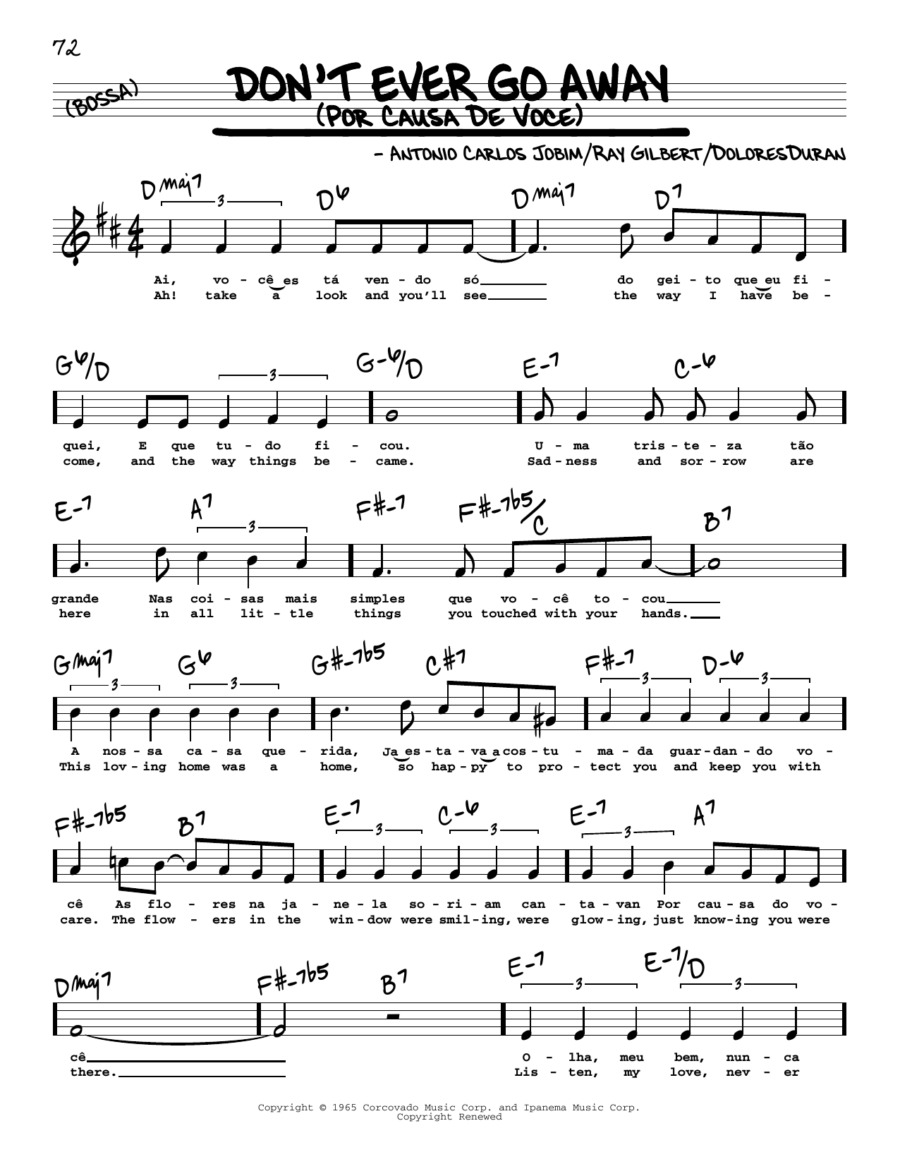 Antonio Carlos Jobim Don't Ever Go Away (Por Causa De Voce) (High Voice) Sheet Music Notes & Chords for Real Book – Melody, Lyrics & Chords - Download or Print PDF