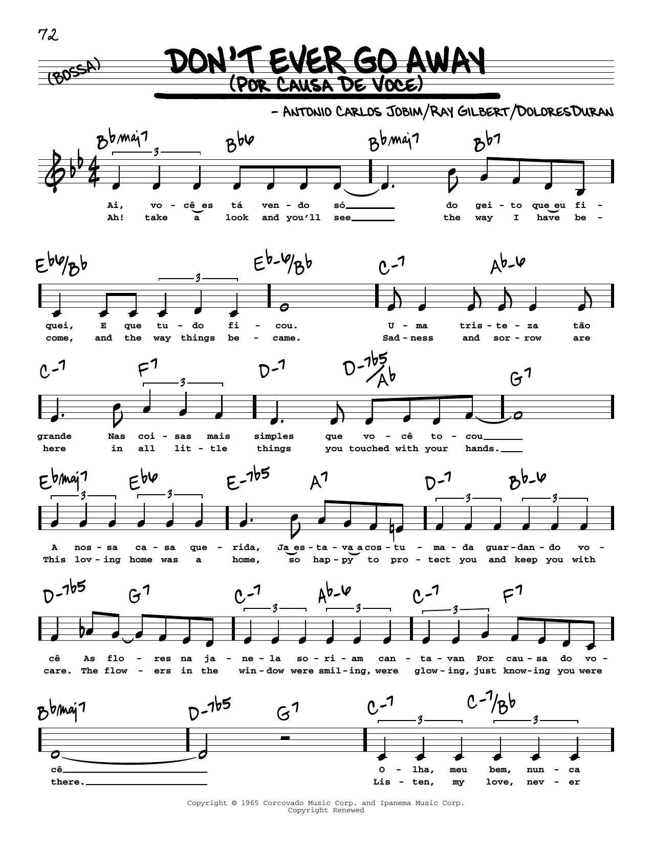 Antonio Carlos Jobim Don't Ever Go Away (Por Causa De Voce) (Low Voice) Sheet Music Notes & Chords for Real Book – Melody, Lyrics & Chords - Download or Print PDF