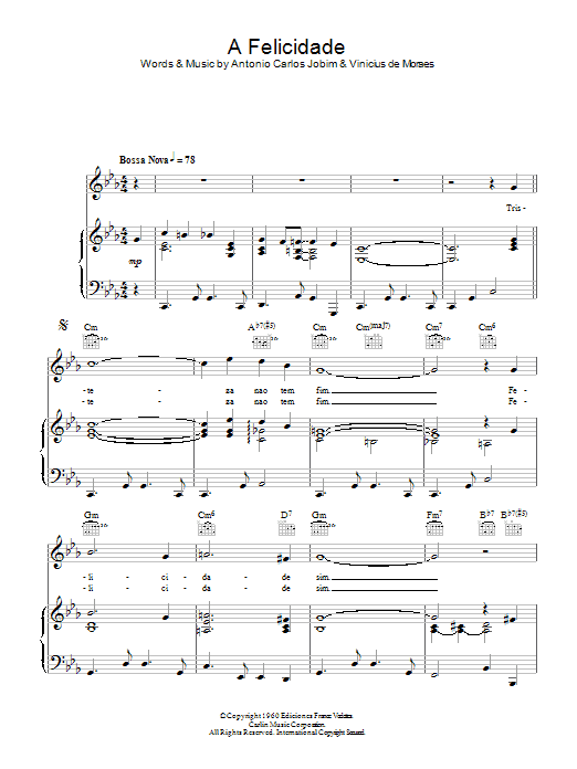 Antonio Carlos Jobim Felicidade Sheet Music Notes & Chords for Piano, Vocal & Guitar (Right-Hand Melody) - Download or Print PDF