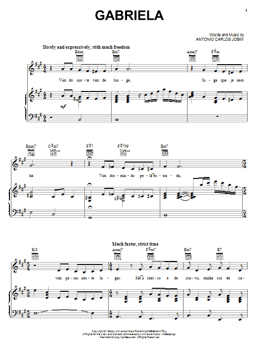 Antonio Carlos Jobim Gabriela Sheet Music Notes & Chords for Piano, Vocal & Guitar (Right-Hand Melody) - Download or Print PDF