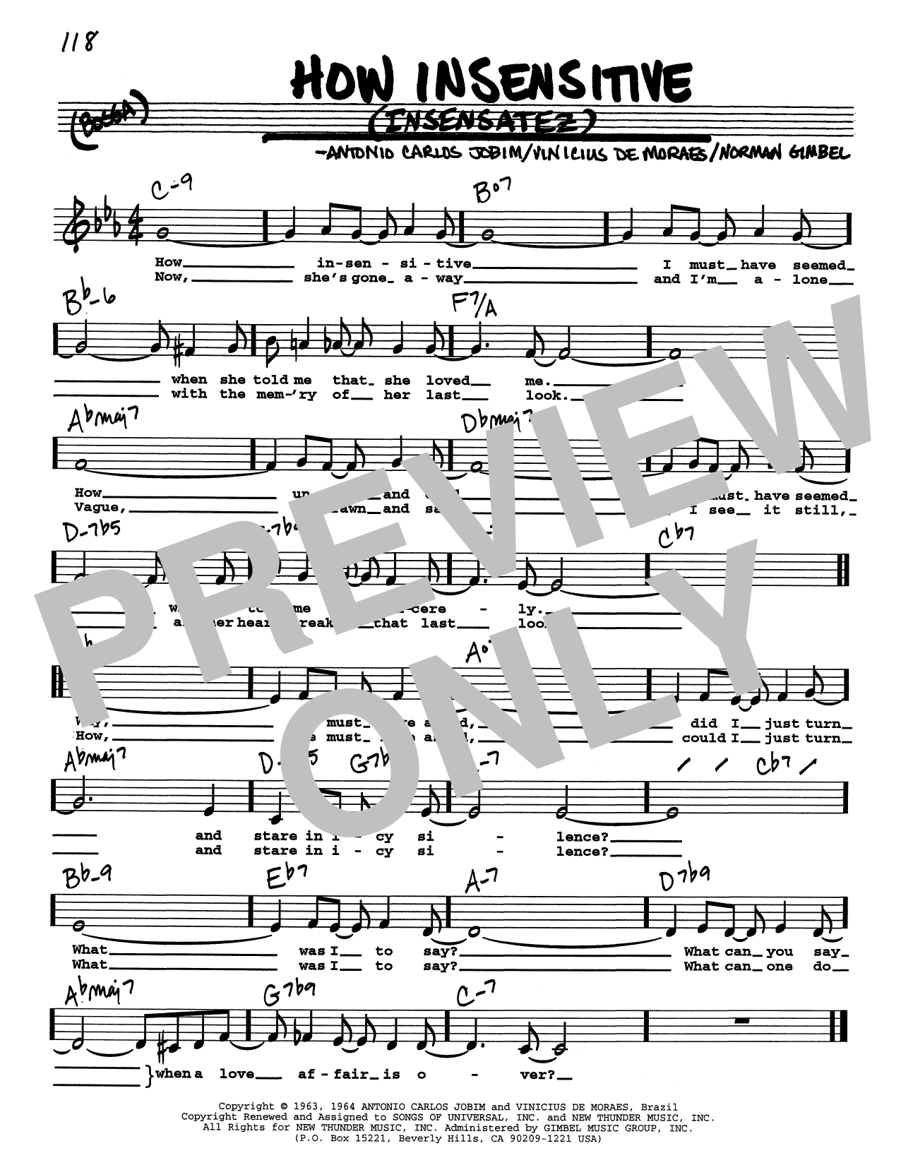 Antonio Carlos Jobim How Insensitive (Insensatez) (Low Voice) Sheet Music Notes & Chords for Real Book – Melody, Lyrics & Chords - Download or Print PDF