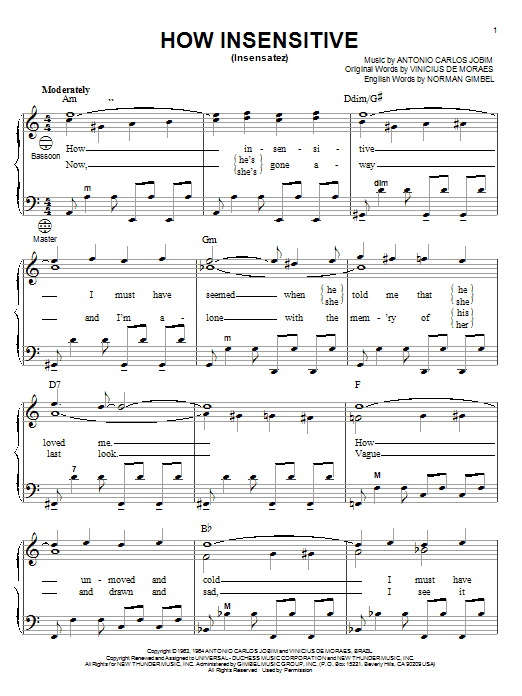 Antonio Carlos Jobim How Insensitive (Insensatez) Sheet Music Notes & Chords for Melody Line, Lyrics & Chords - Download or Print PDF