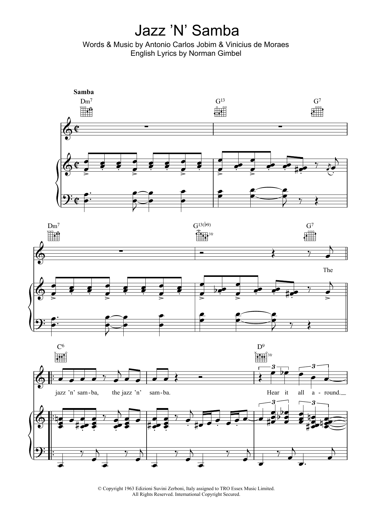 Antonio Carlos Jobim Jazz 'N' Samba (So Danco Samba) Sheet Music Notes & Chords for Piano, Vocal & Guitar (Right-Hand Melody) - Download or Print PDF