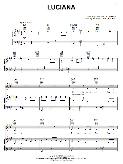 Antonio Carlos Jobim Luciana Sheet Music Notes & Chords for Piano, Vocal & Guitar (Right-Hand Melody) - Download or Print PDF