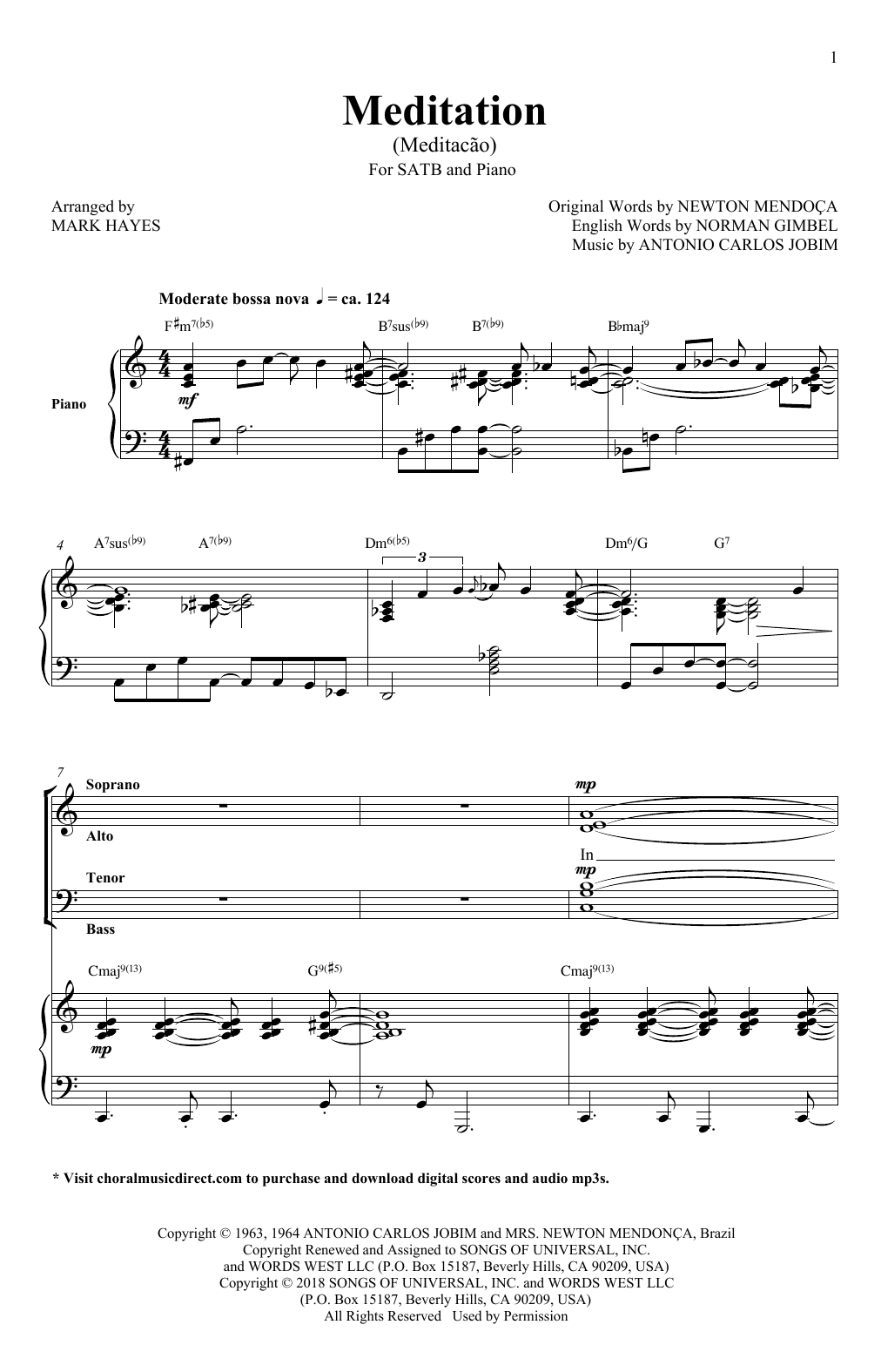 Antonio Carlos Jobim Meditation (Meditacao) (arr. Mark Hayes) Sheet Music Notes & Chords for SATB Choir - Download or Print PDF