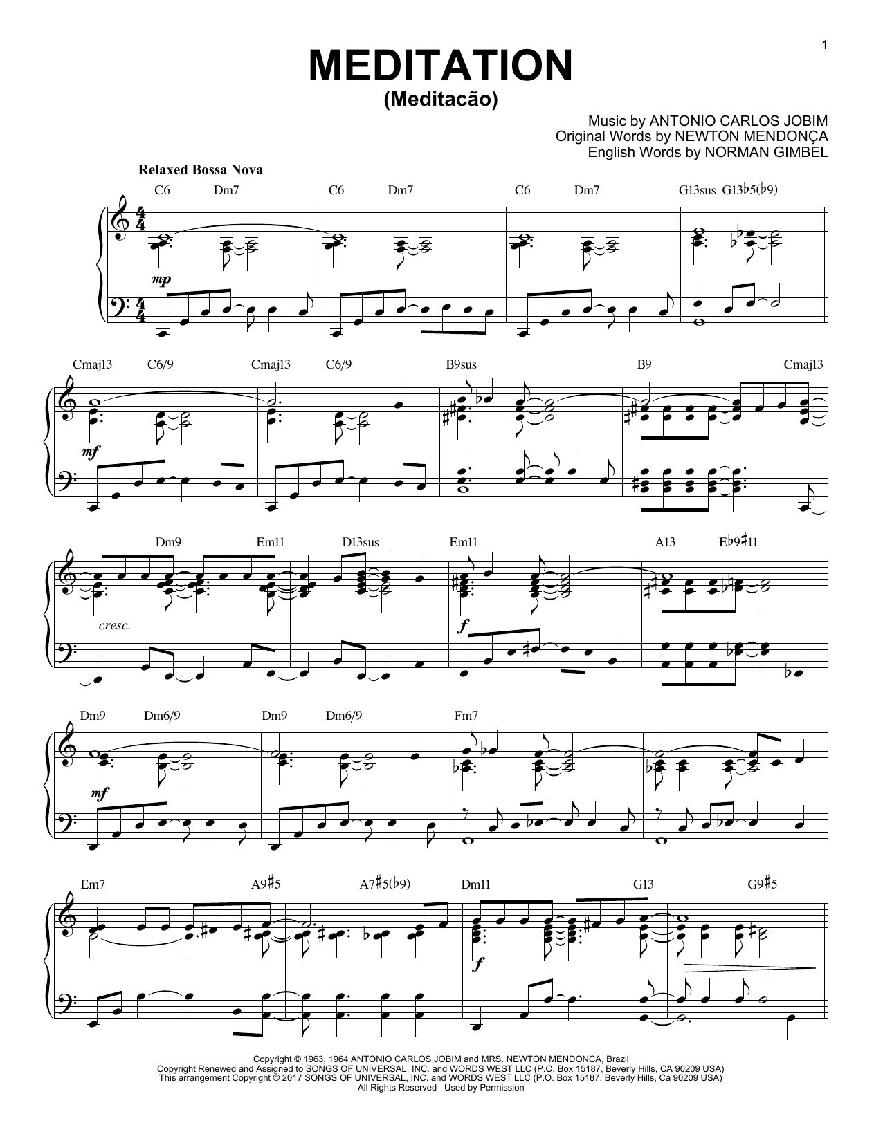 Antonio Carlos Jobim Meditation (Meditacao) [Jazz version] Sheet Music Notes & Chords for Piano - Download or Print PDF