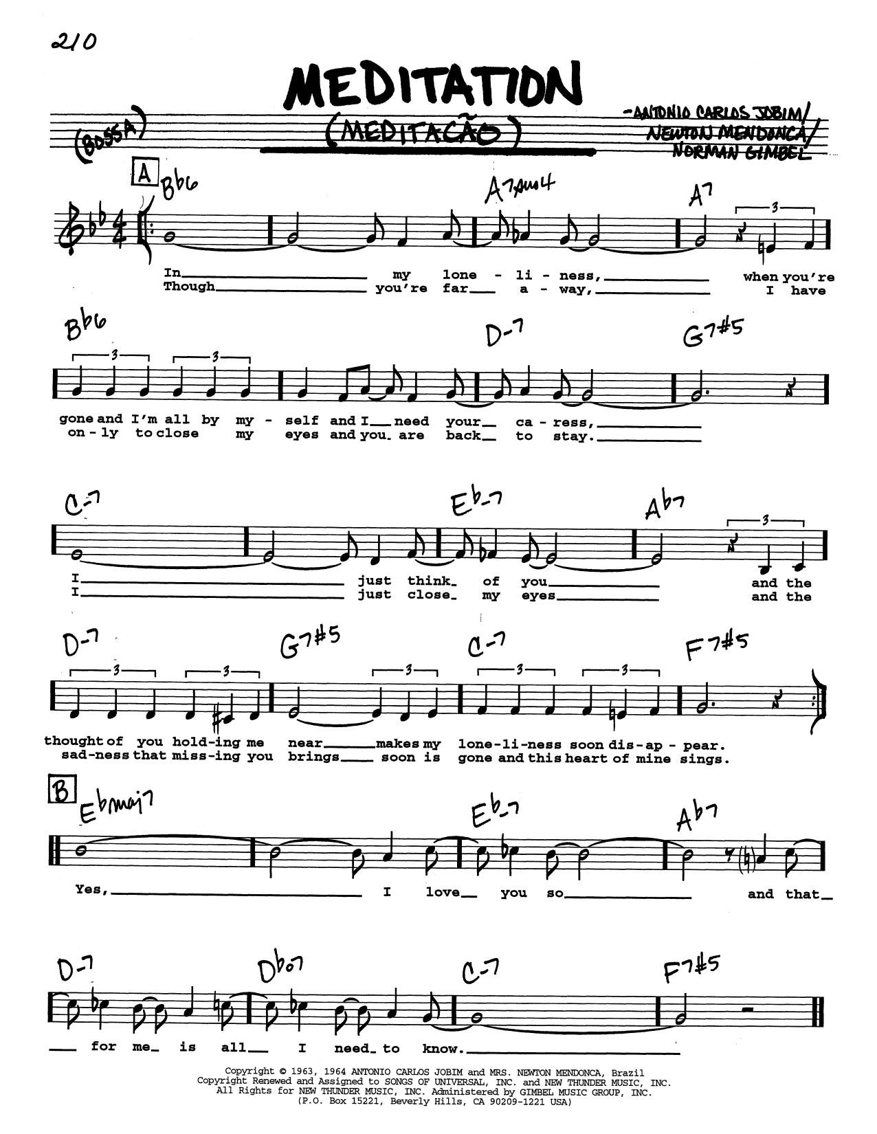 Antonio Carlos Jobim Meditation (Meditacao) (Low Voice) Sheet Music Notes & Chords for Real Book – Melody, Lyrics & Chords - Download or Print PDF