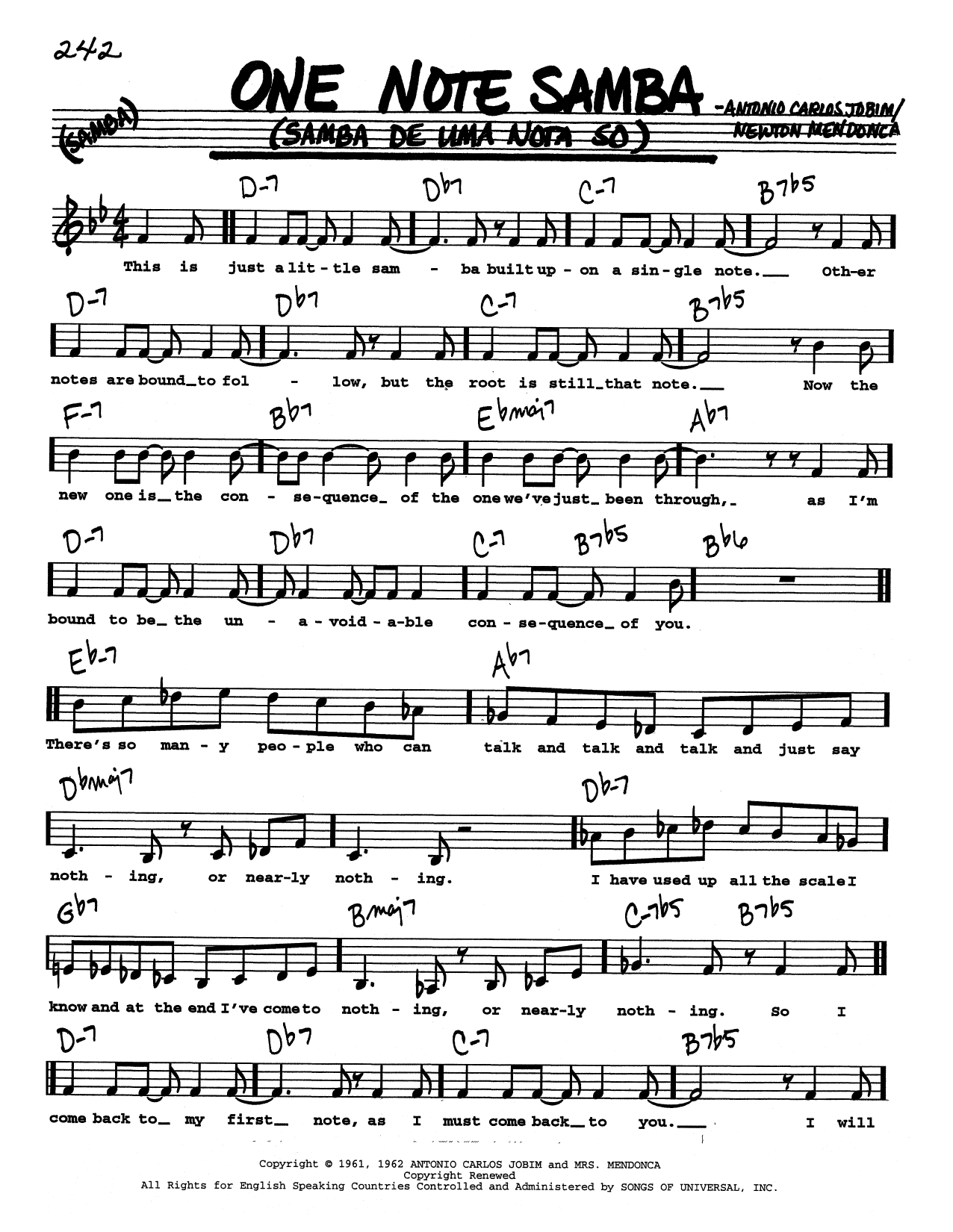 Antonio Carlos Jobim One Note Samba (Samba De Uma Nota So) (Low Voice) Sheet Music Notes & Chords for Real Book – Melody, Lyrics & Chords - Download or Print PDF