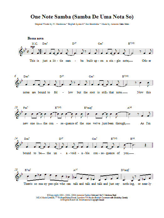 Antonio Carlos Jobim One Note Samba Sheet Music Notes & Chords for Piano - Download or Print PDF
