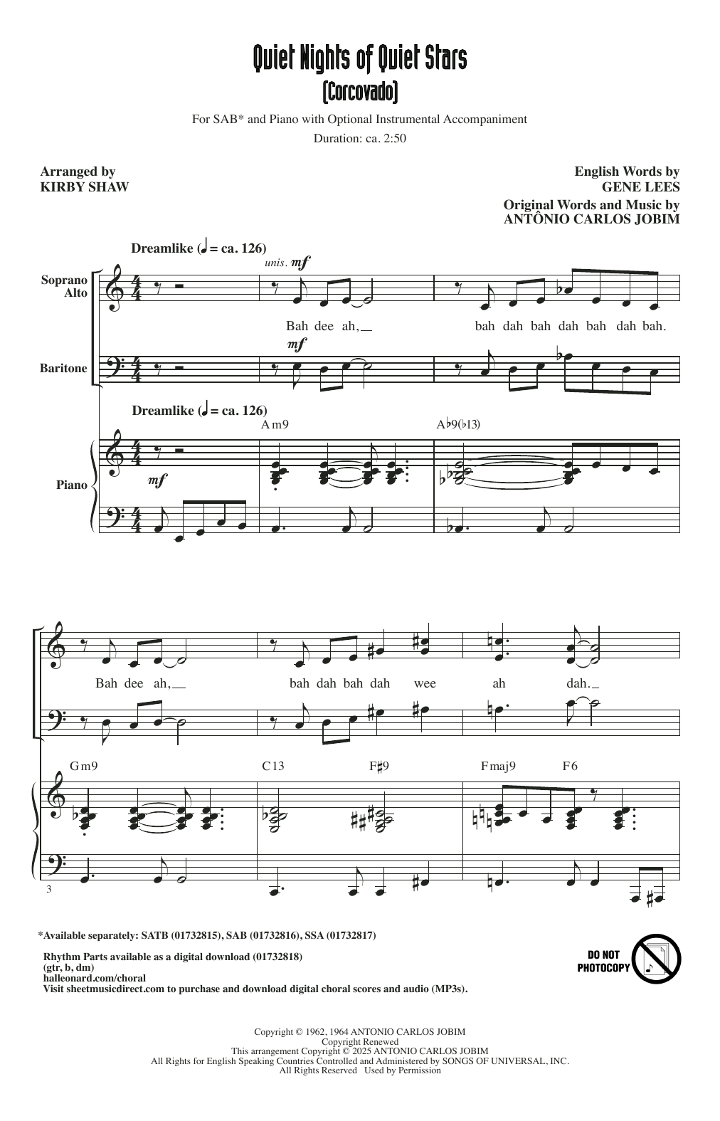 Antonio Carlos Jobim Quiet Nights Of Quiet Stars (Corcovado) (arr. Kirby Shaw) Sheet Music Notes & Chords for SAB Choir - Download or Print PDF Antonio Carlos Jobim Quiet Nights Of Quiet Stars (Corcovado) (arr. Kirby Shaw) Sheet Music Notes & Chords for SAB Choir - Download or Print PDF