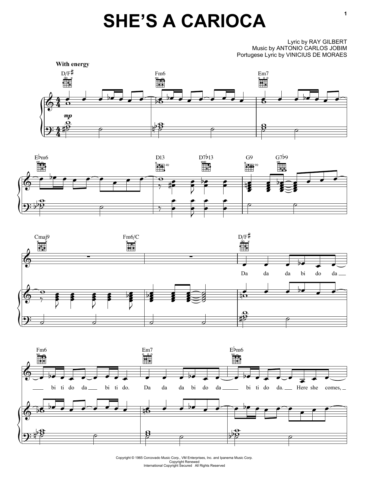 Antonio Carlos Jobim She's A Carioca Sheet Music Notes & Chords for Piano, Vocal & Guitar Chords (Right-Hand Melody) - Download or Print PDF