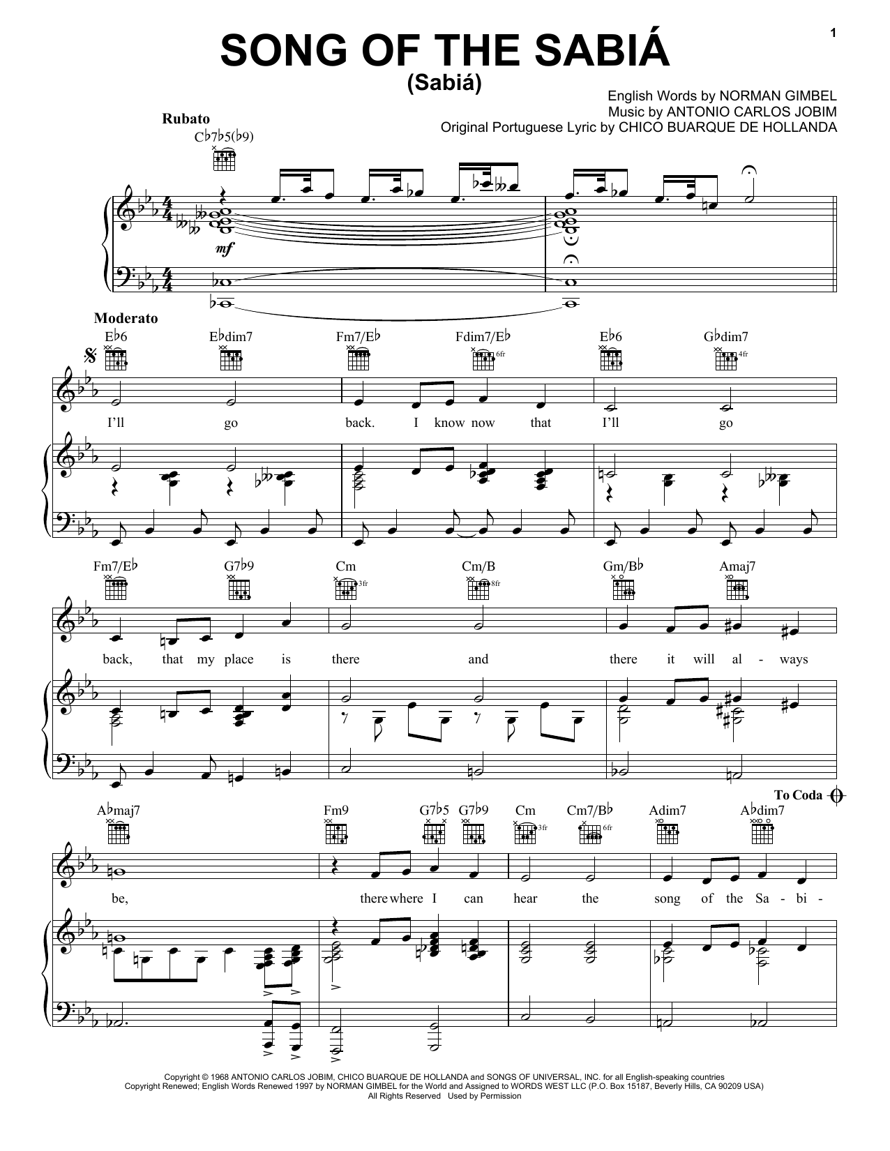 Antonio Carlos Jobim Song Of The Sabia (Sabia) Sheet Music Notes & Chords for Easy Piano - Download or Print PDF