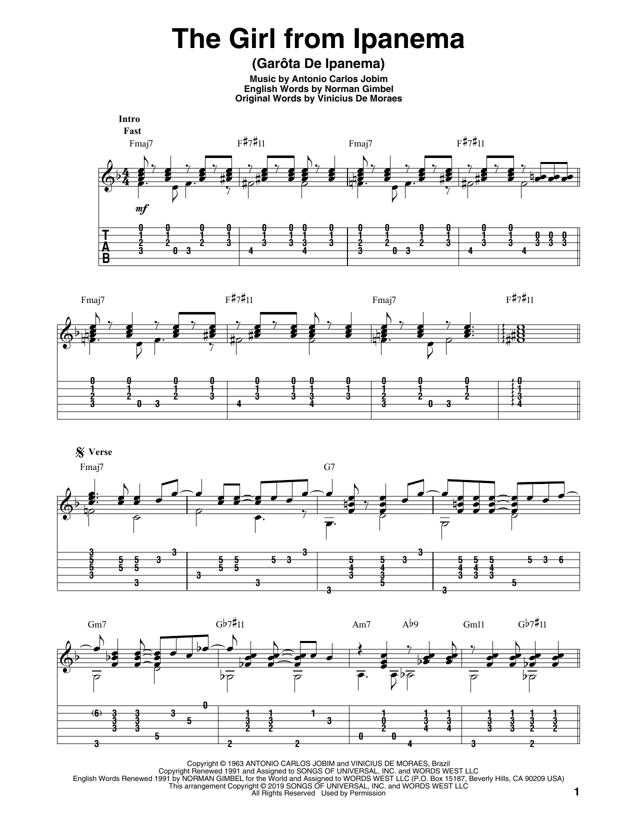 Antonio Carlos Jobim The Girl From Ipanema (Garota De Ipanema) (arr. Bill LaFleur) Sheet Music Notes & Chords for Solo Guitar Tab - Download or Print PDF