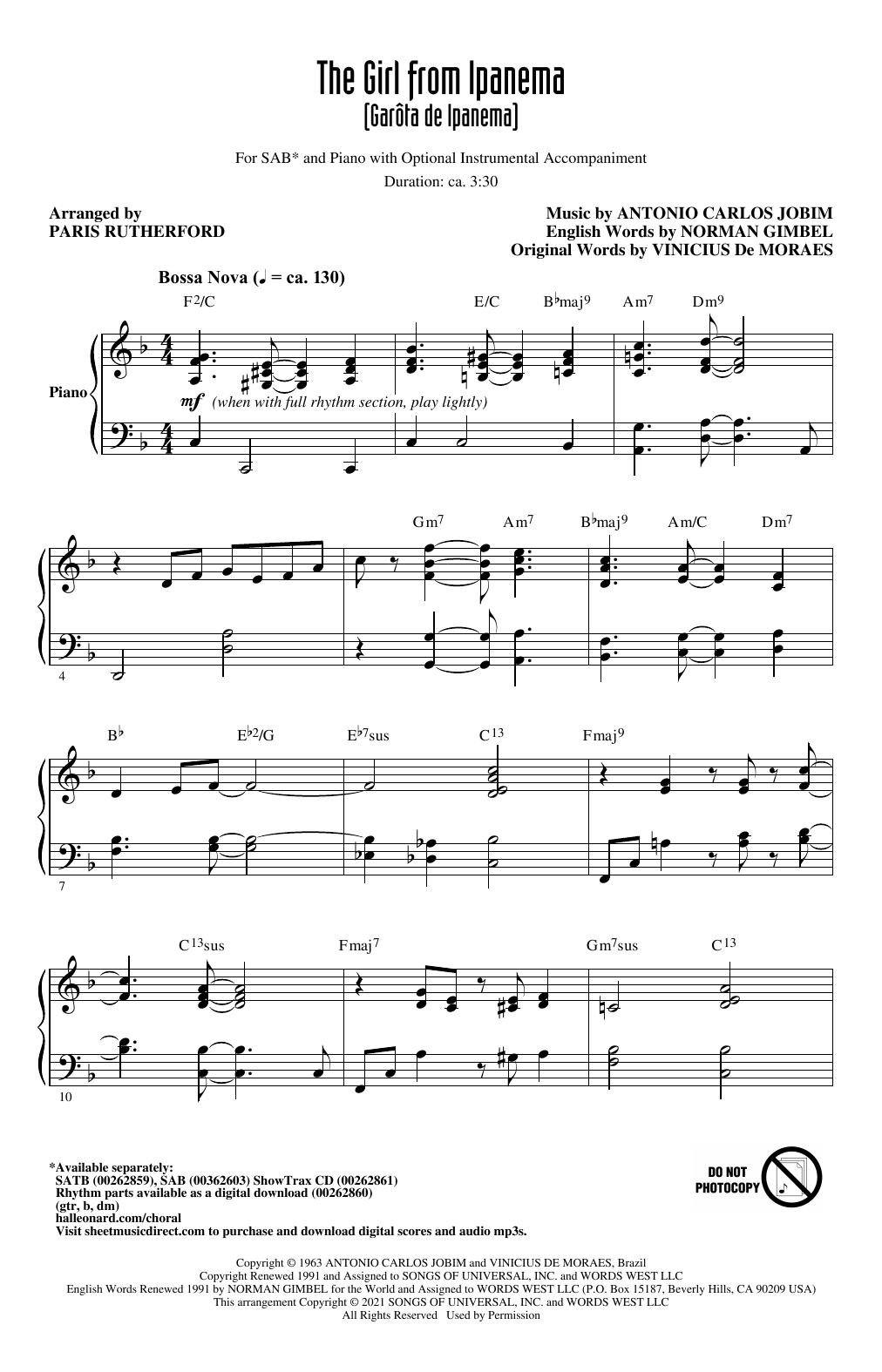 Antonio Carlos Jobim The Girl from Ipanema (Garôta de Ipanema) (arr. Paris Rutherford) Sheet Music Notes & Chords for SAB Choir - Download or Print PDF